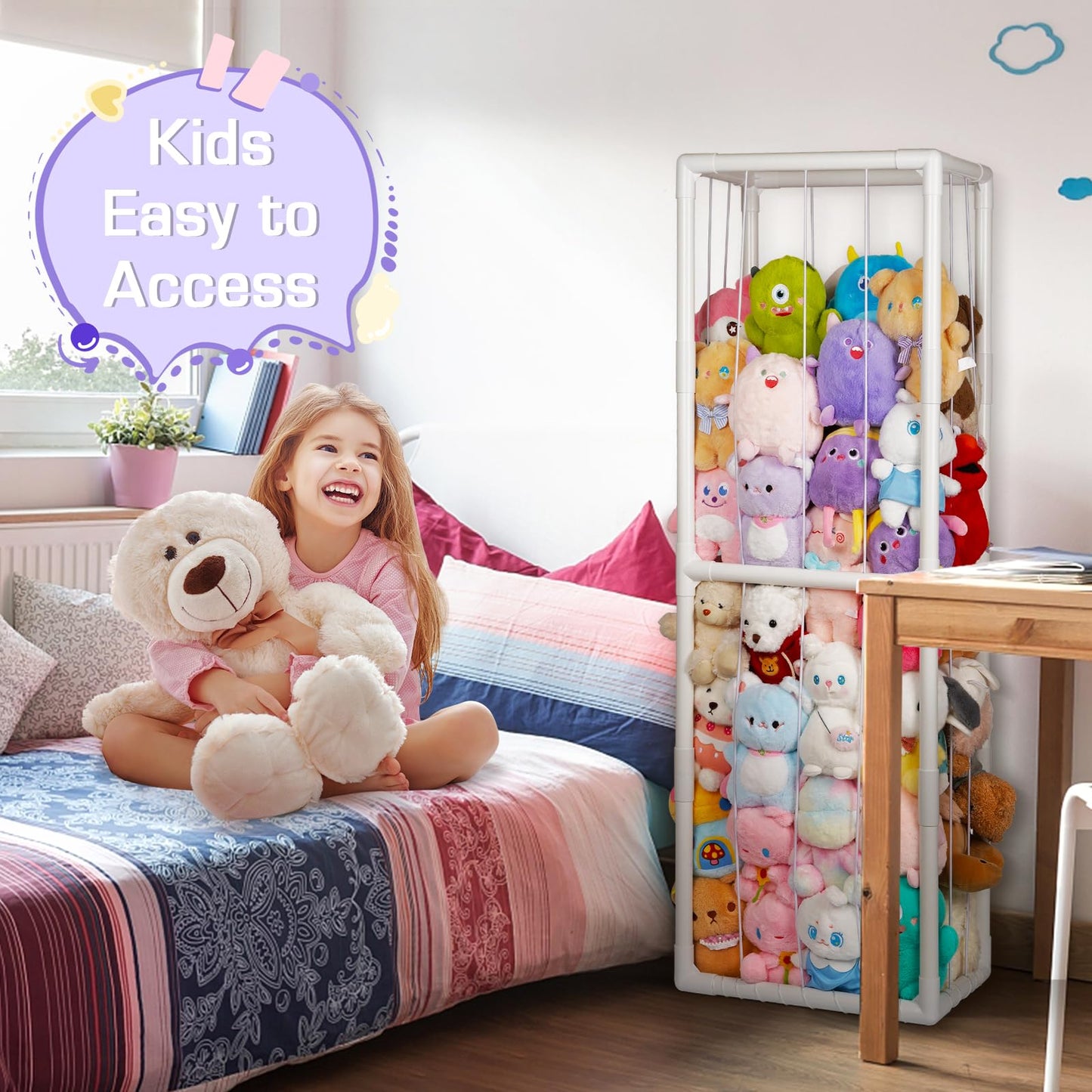 Trycooling Stuffed Animal Storage Zoo Stuffed Animal Holder Space Save Vertical Stuffed Animals Storage PVC with Elastic Band and Net for Playroom Bedroom Nursery (White)