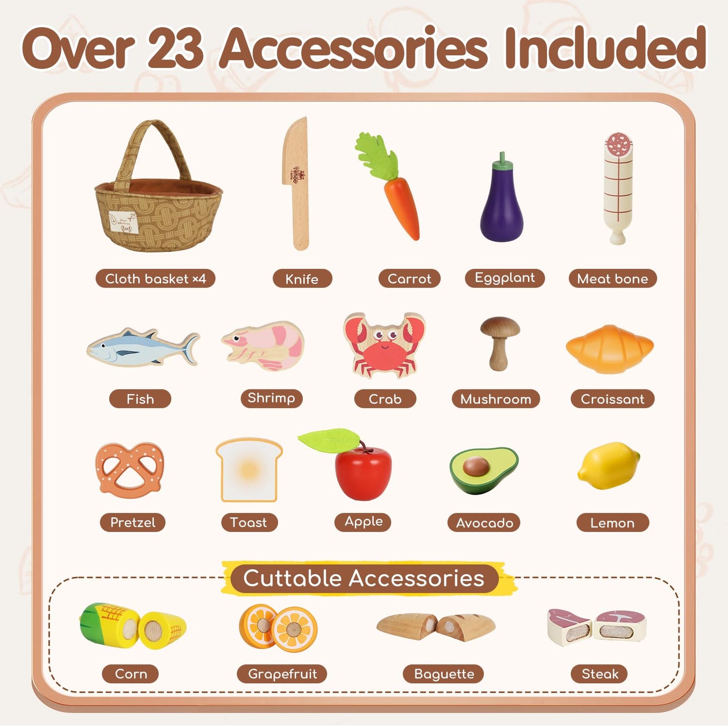 Lehoo Castle Wooden Play Food for Toddlers, Toys Food for Kids Kitchen Accessories, 4 Food Groups Pretend Cutting Fruits, Montessori Toys for Toddlers 2 3 4 Years Old Girls Boys