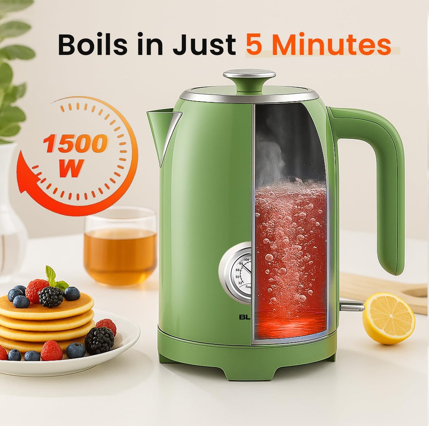 BLITZ Electric Kettle – 1.7L Stainless Steel Hot Water Boiler with Built-In Thermometer, 1500W Rapid Heating, Cordless Design, LED Indicator, Auto Shut-Off & Boil-Dry Safety (retro-green)