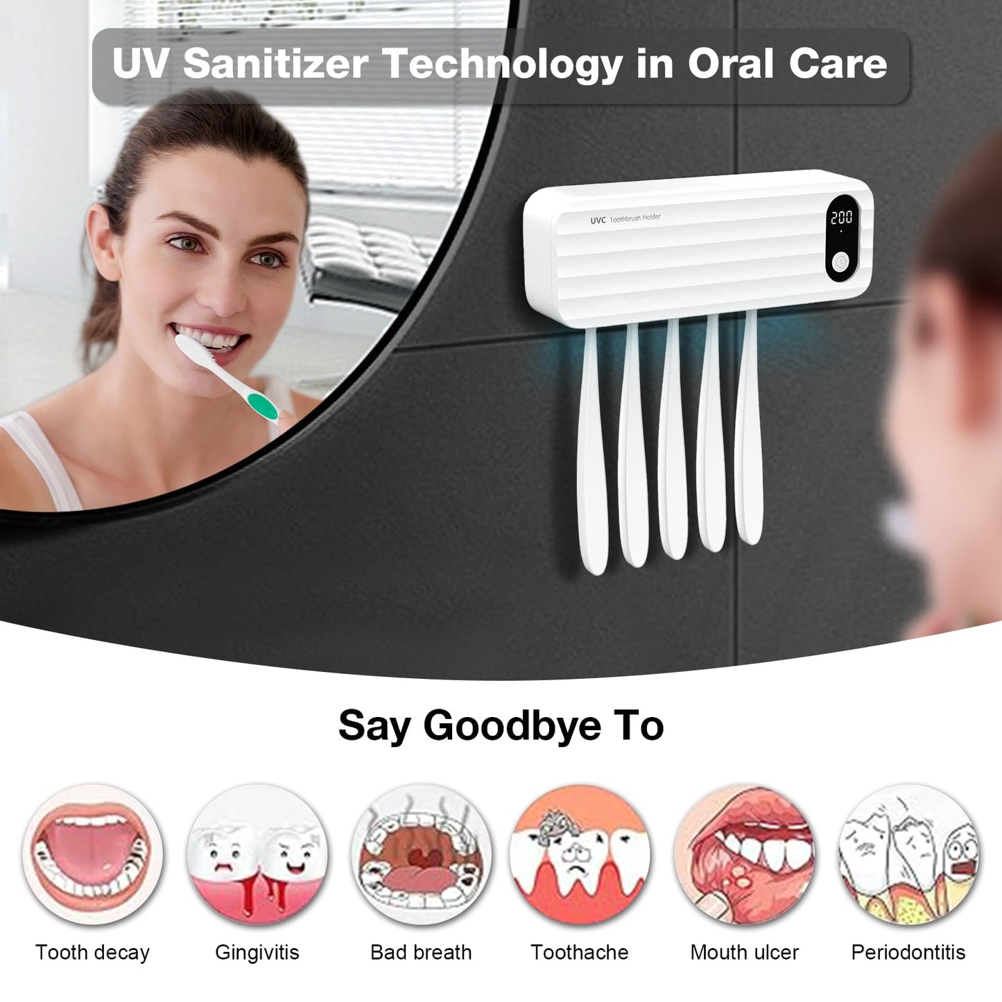 UV Toothbrush Cleaner Holder,5 Slots Wall Mounted Toothbrush Holder for Bathroom,Rechargeable Toothbrush Cleaner Case with Holder for Most Toothbrushes,No Drilling