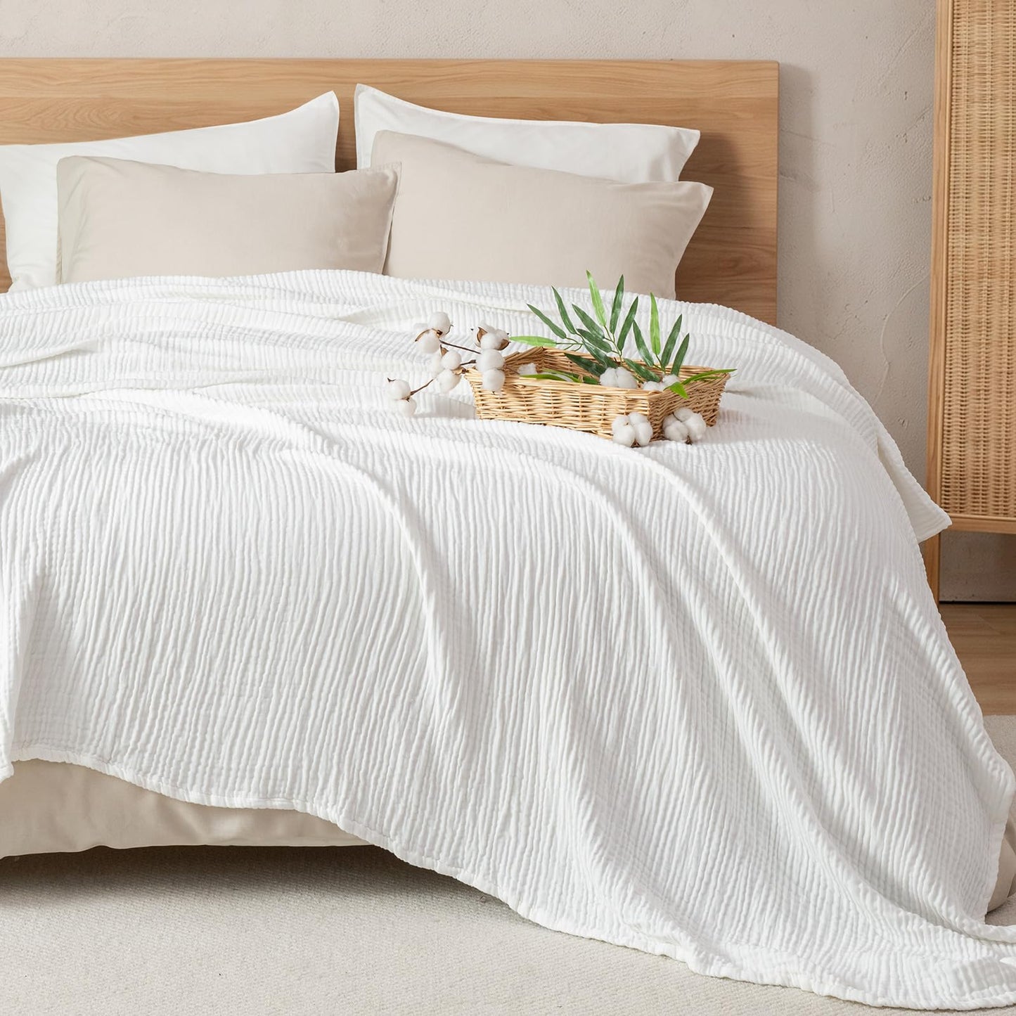 PHF Cooling Muslin Blanket King Size, Lightweight Gauze Blanket for Adults, 60% Rayon Derived from Bamboo & 40% Cotton for Summer, 4-Layer Soft Breathable for Hot Sleepers, 108"x90", White