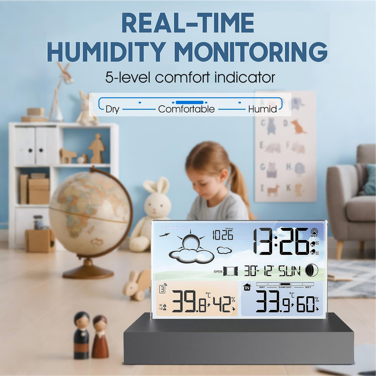 GOYERRNES Weather Station Clock with Indoor Outdoor Temperature and Humidity Monitor, Forecast, Dual Alarm, Backlight, 12/24H Time, Max/Min Records, Frost Alert Wireless Weather Stations Clock