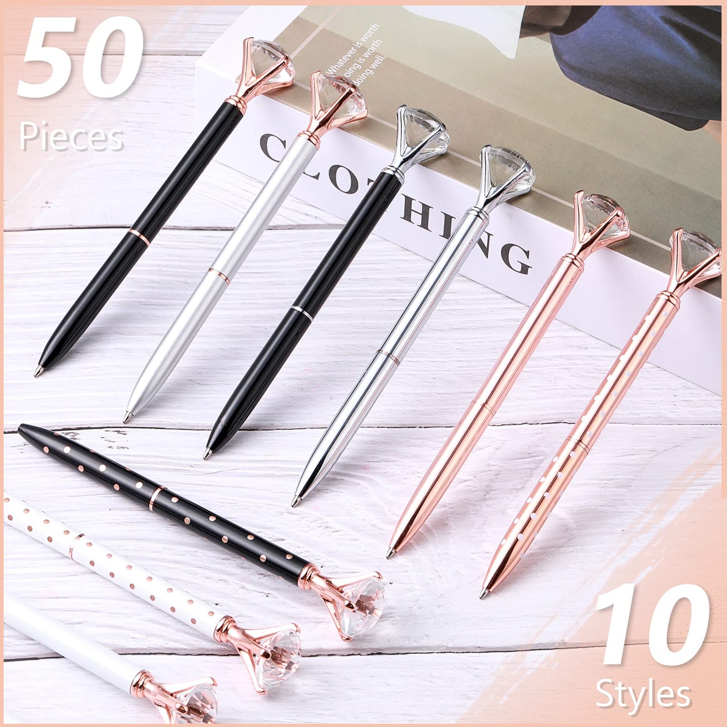 Leinuosen 50 Pieces Bridal Shower Crystal Diamond Pens Bulk Wedding Bling Ballpoint Pen with Diamond on Top for Women Girls School Office Supplies Gifts
