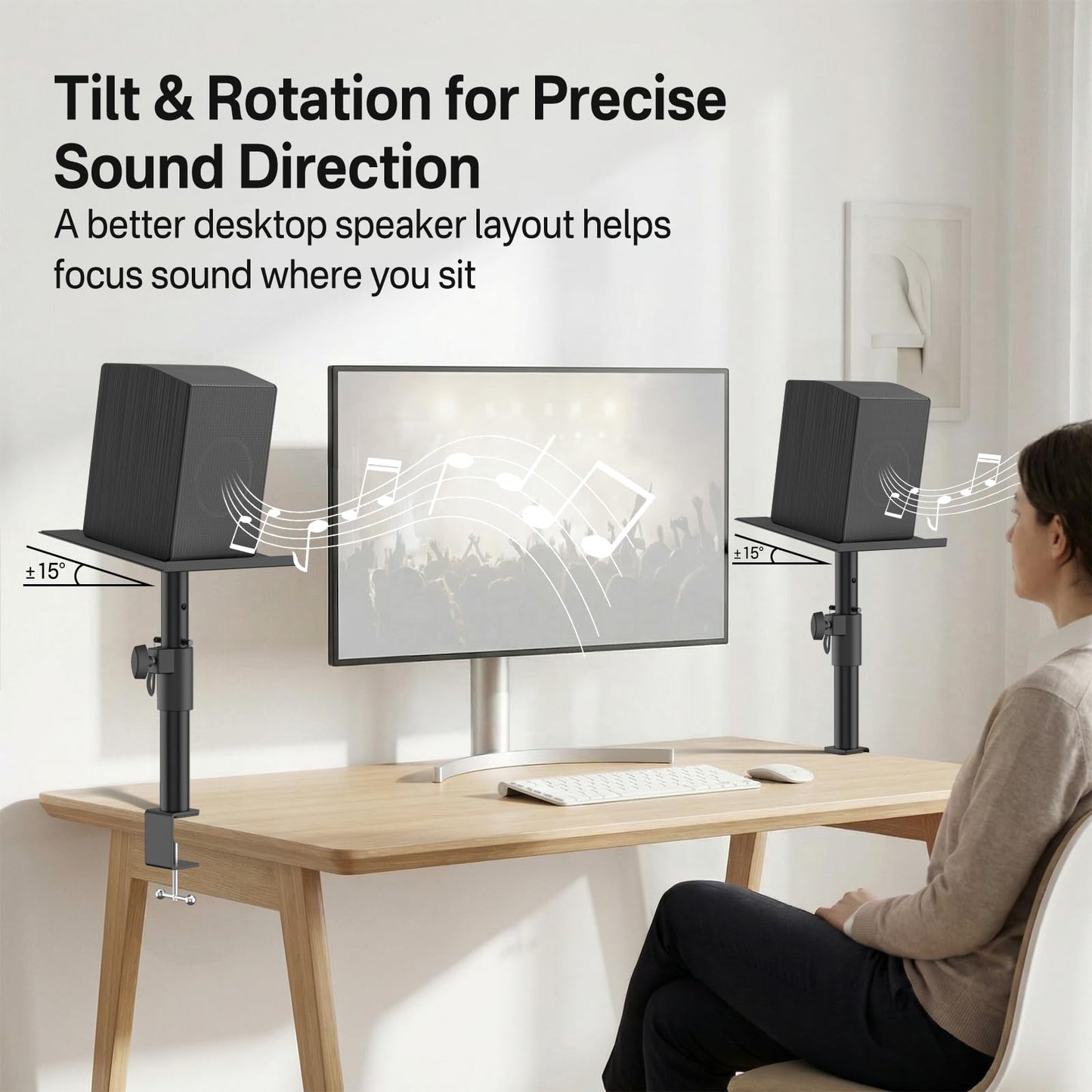 Clamp-on Desk Speaker Stand Pair, Height&Angle Adjustable Desktop Bookshelf Speaker Stands for Samsung Q990D/Q990F, Fit Edifier/KRK/Klipsch/Yamaha Built-in Cable Management WR Headset Hook& Cable Ties