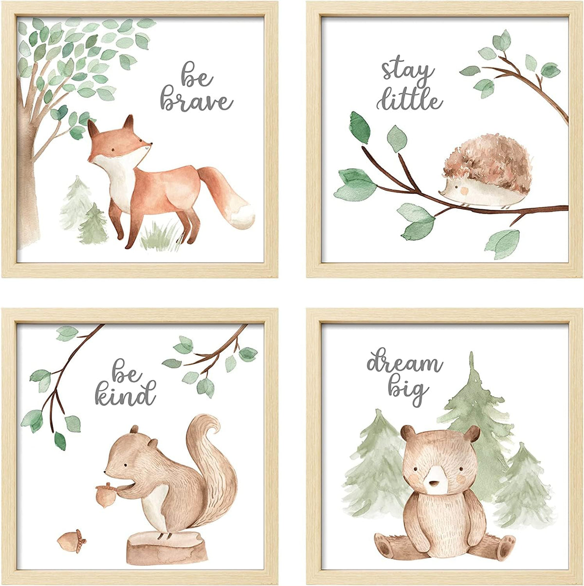ArtbyHannah Framed Woodland Nursery Wall Decor, Safari Nursery Decor with Inspirational Quotes, Cute Animals Prints in 10x10 inch Wood Picture Frames with Acrylic Panel for Baby Room, Kids Playroom, Light-Wood Decoration（4 Pack, Fox, Owl, Squirrel, Bear)
