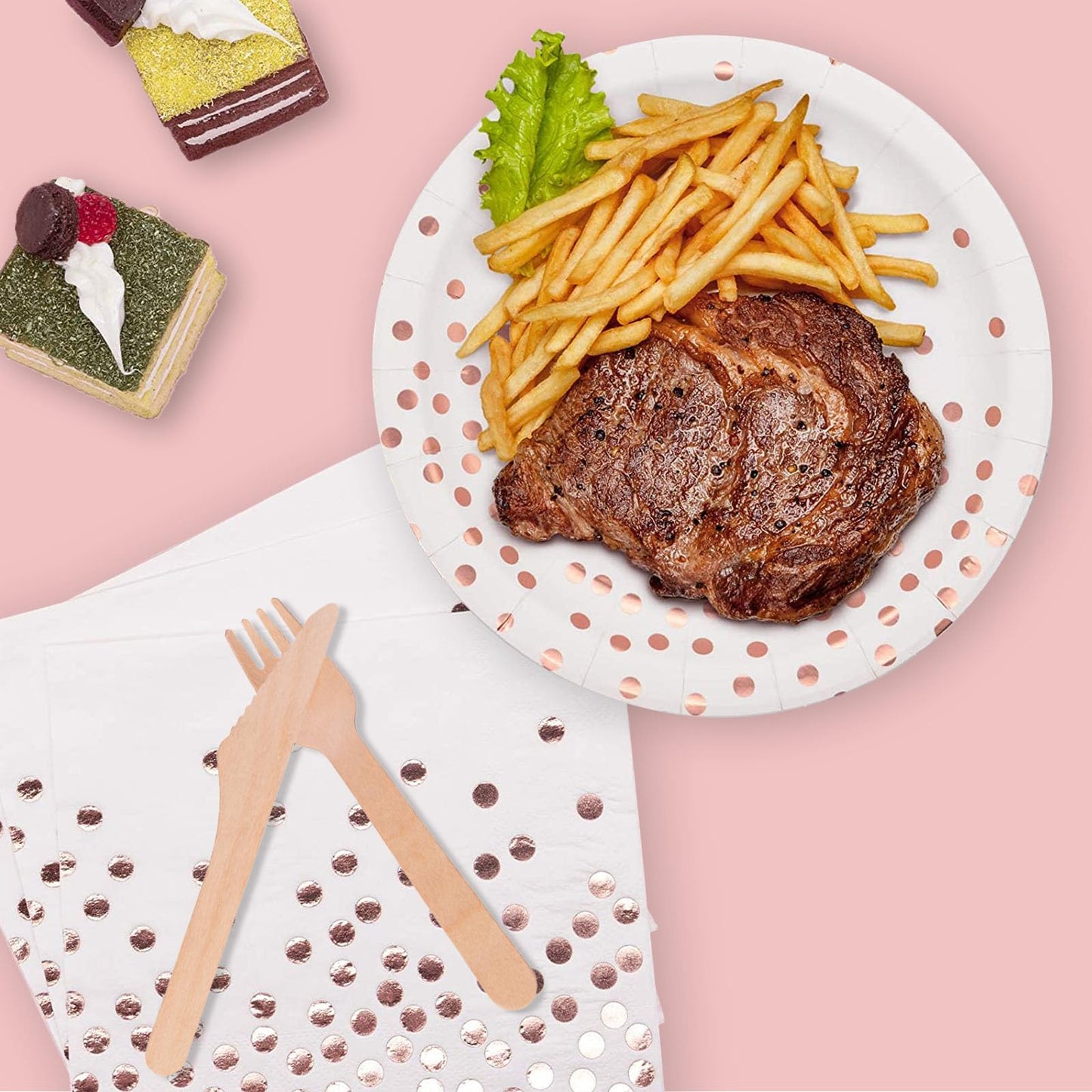 350Pcs White and Rose Gold Party Supplies, Disposable Dinnerware Set - Paper Plates Napkins Cups Plastic Forks Knives Spoons for Birthday Christmas Party Baby Shower New Years Eve Decor, Severs 50