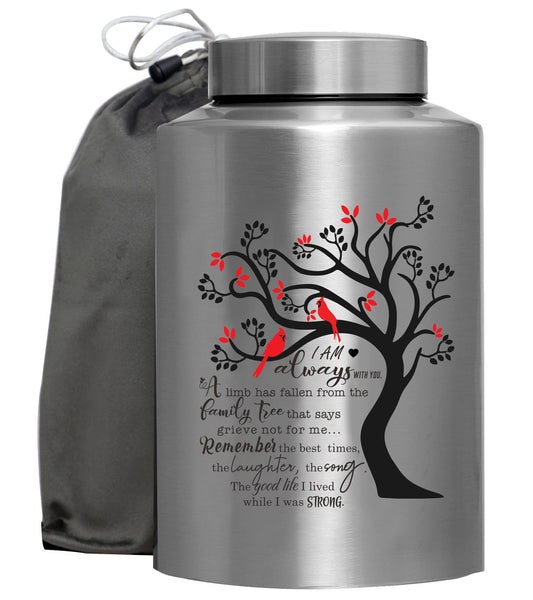 Cremation Urn for Human Ashes - Large Decorative Funeral Burial Keepsake for Male Female up to 220 lbs - Hummingbird Tree of Life Stainless Steel With Velvet Bag