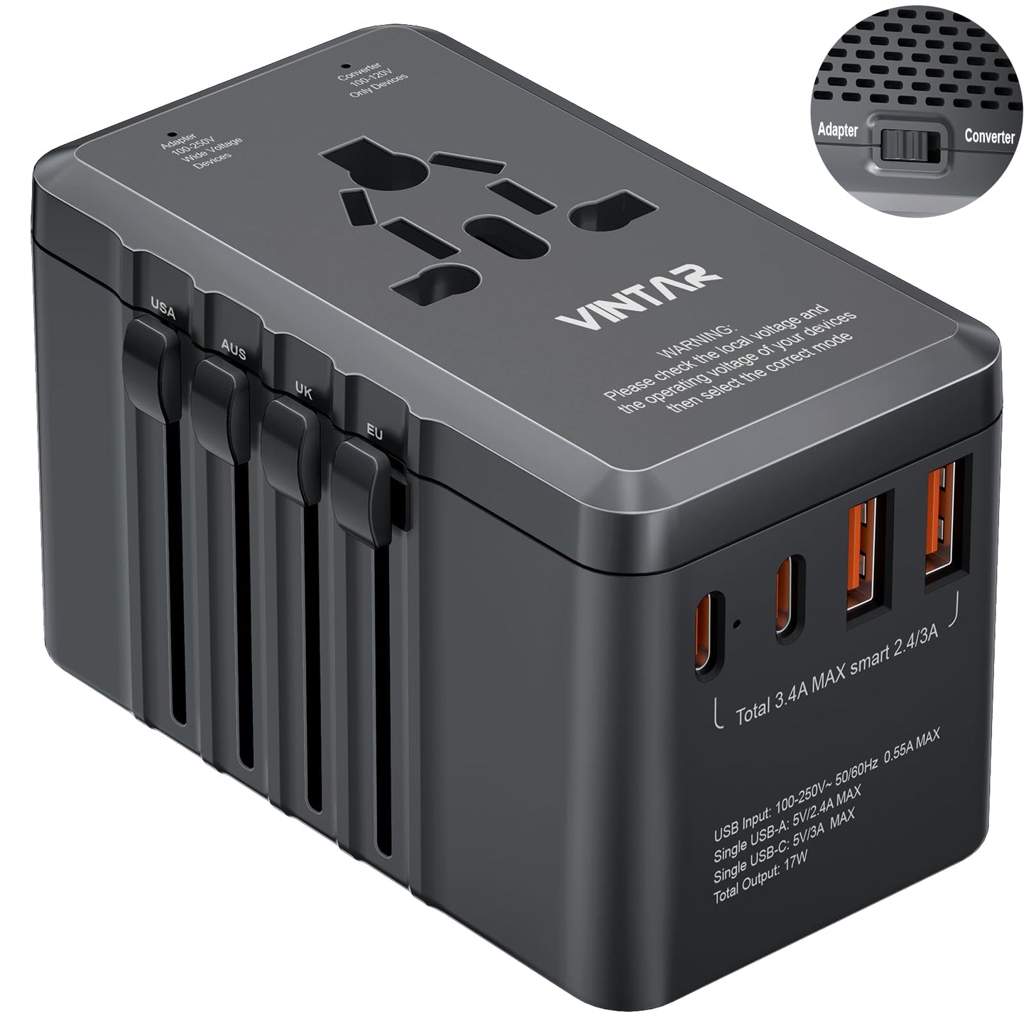 220V to 110V Universal Travel Adapter Voltage Converter, VINTAR 2000W International Plug Adapter for Hair Dryer with 2 USB A and 2 USB C, Step Down Power Converter Adapter Combo for US EU UK AUS