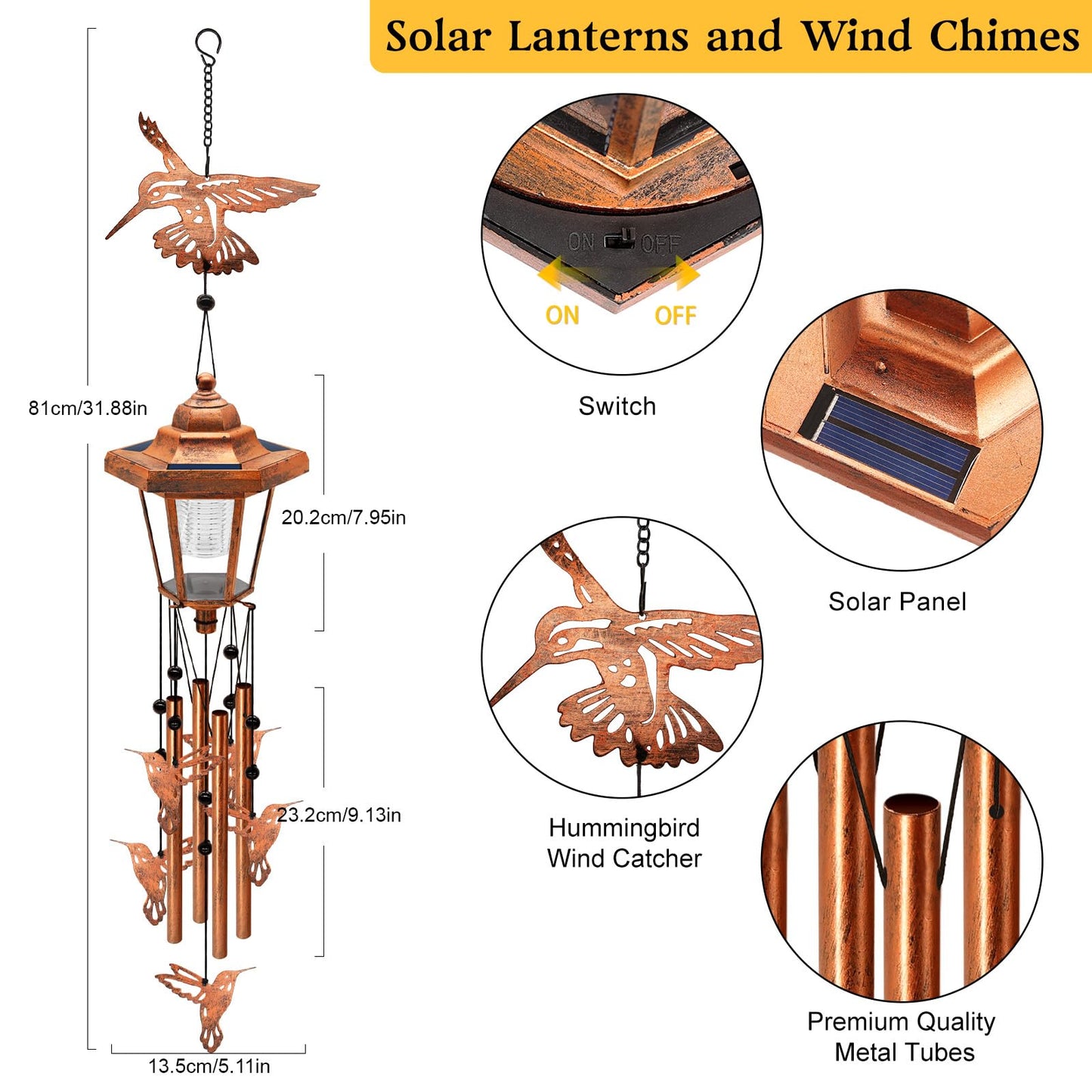 Large Solar Hummingbird Wind Chimes, Gifts for Women Mom Grandma Wife Sister Daughter Neighbor, Classic Bronze Wind Chimes with Wind Catcher, Solar Decor Lights for Outdoor Garden Patio Porch Window