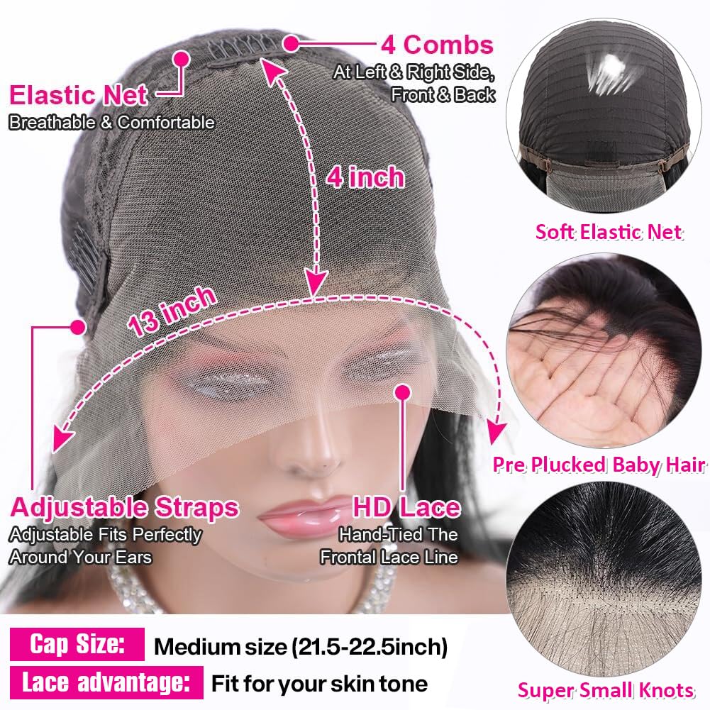 180 Density 13x4 HD Lace Front Wigs Human Hair Pre Plucked with Baby Hair Transparent Glueless Brazilian Deep Wave Frontal Wigs for Women Natural Black Color22 inch