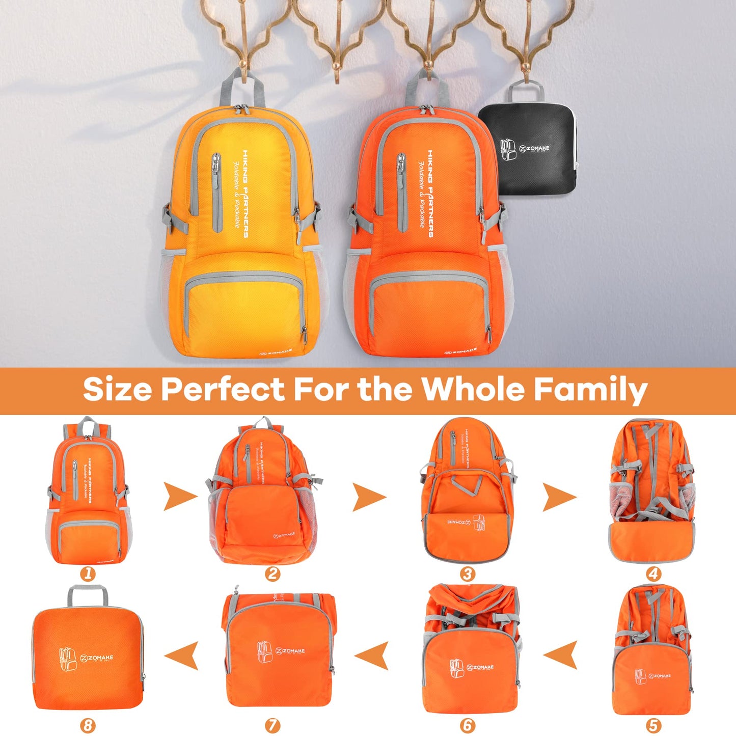 ZOMAKE Packable Hiking Backpack,Lightweight Foldable Backpack Light Daypack for Women Men,35L(Orange)