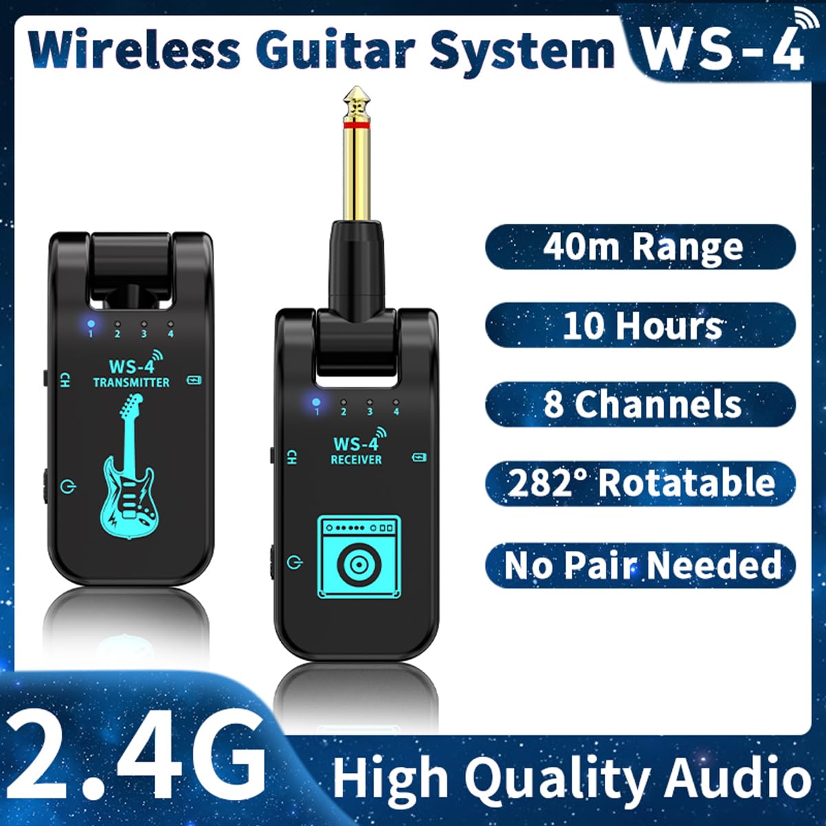 Wireless Guitar System, 2.4 GHz 8 Channels Rechargeable Audio Wireless Transmitter Receiver for Guitar Bass Electric Instruments,48K/16bit Real-time Transmissio (Black)