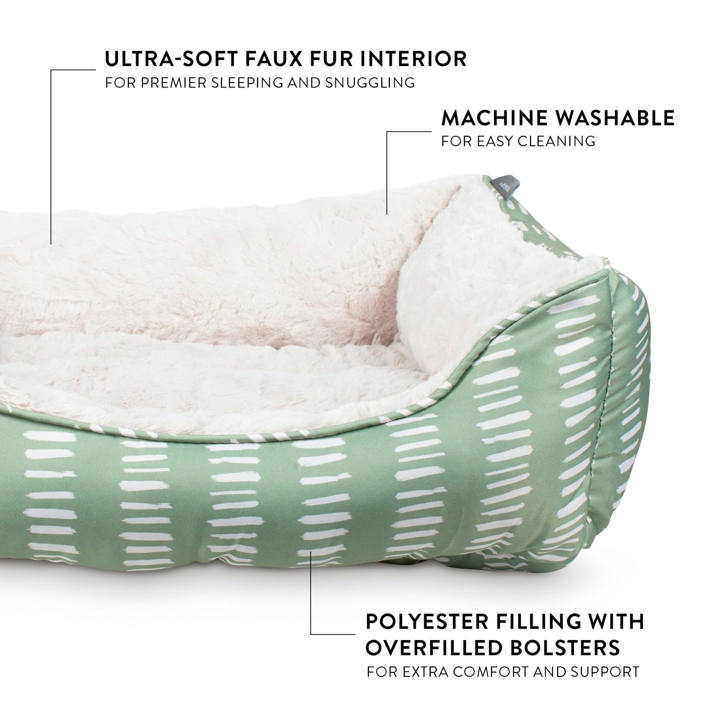 Fringe Studio Painted Dash Cool Olive Medium Rectangular Cuddler Pet Bed 25" X 21"- Poly Filled with Faux Fur Interior - Machine Washable (213069)