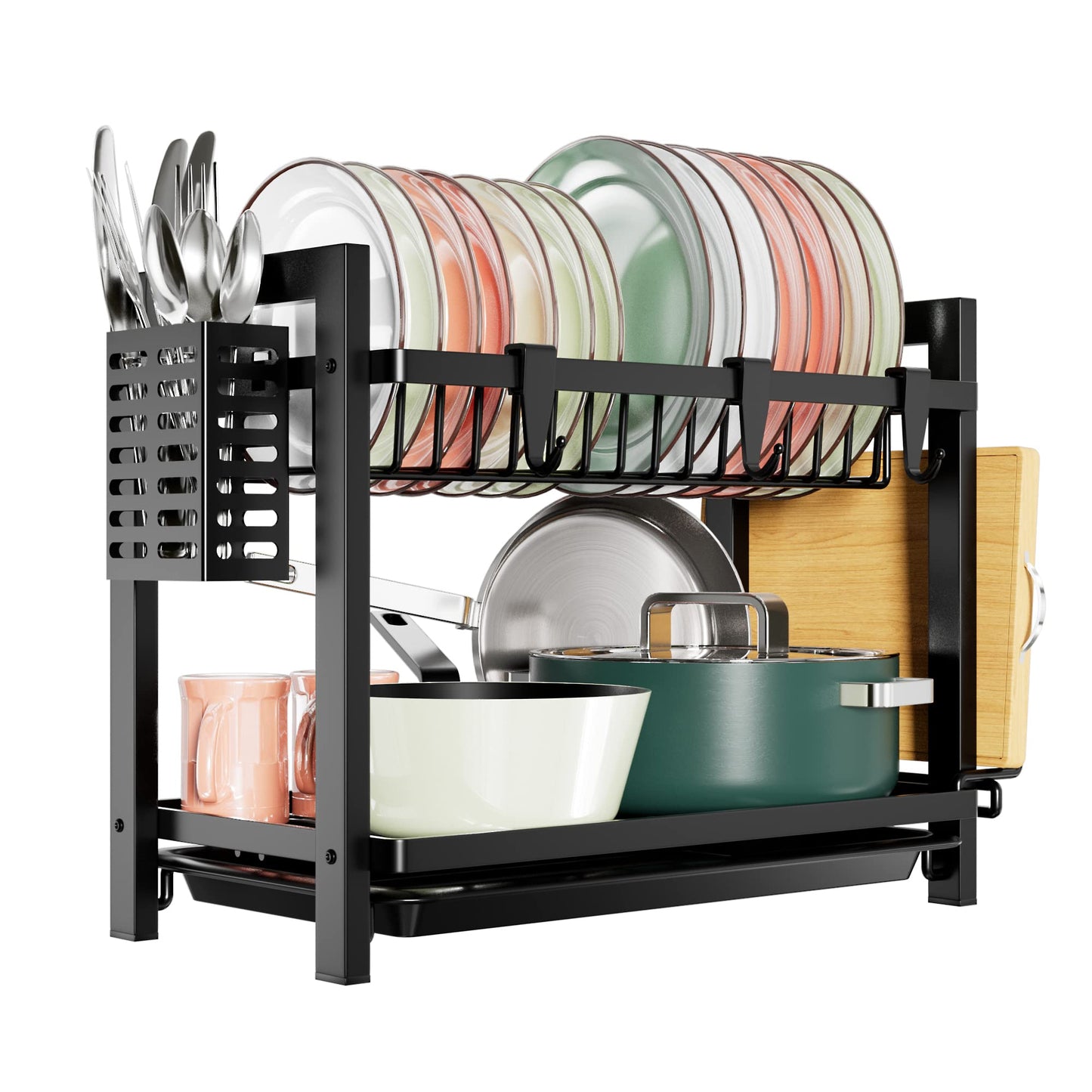 niffgaff 2 Tier Dish Drying Rack, Kitchen Dish Rack with Utensil Holder, Cutting Board Holder & Drain Tray for Kitchen Counter, Small Apartment Organization, Black