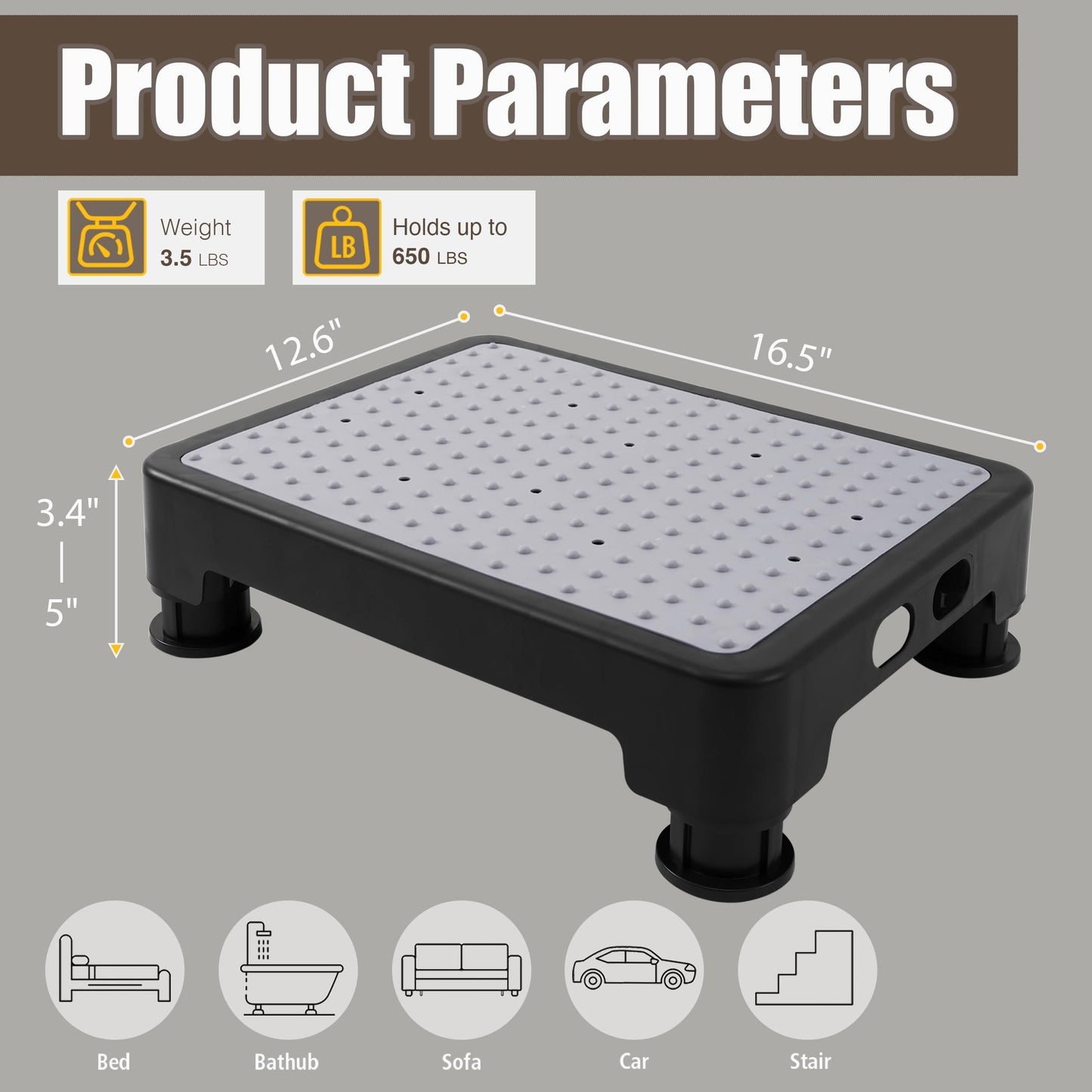 CHIKILLA Adjustable Step Stool & Foot Stool (3.4" - 5"), Non-Slip Portable Half Step Platform for Seniors, Kids and Pregnant Women, Heavy Duty 650lbs Stair Assist for Car, Bed & Bath (Black-Gray)