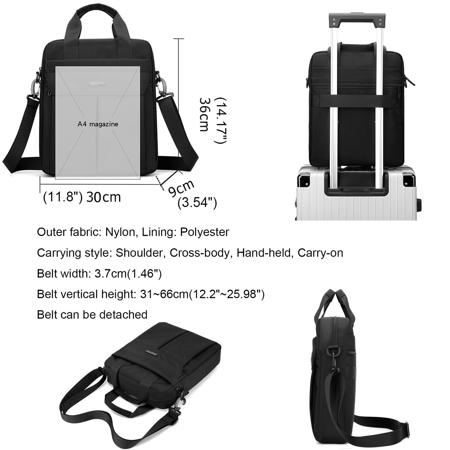 Laptop Bag 14 Inch Briefcase for Men Women Waterproof Nylon Lightweight Compact, Shoulder Messenger Handbag for Business Work Office Travel College Black