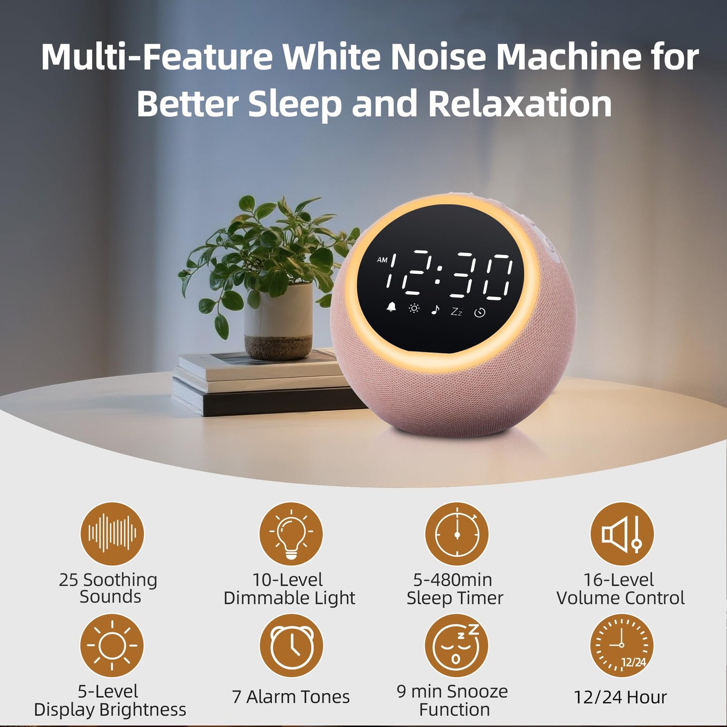 Mee 2ou Smart Alarm Clock for Bedrooms, Digital Alarm Clock with White Noise Machine, 25 Sounds, Snooze, Sleep Timer, Adjustable Volume for Kids, Adults, Heavy Sleepers, Pink