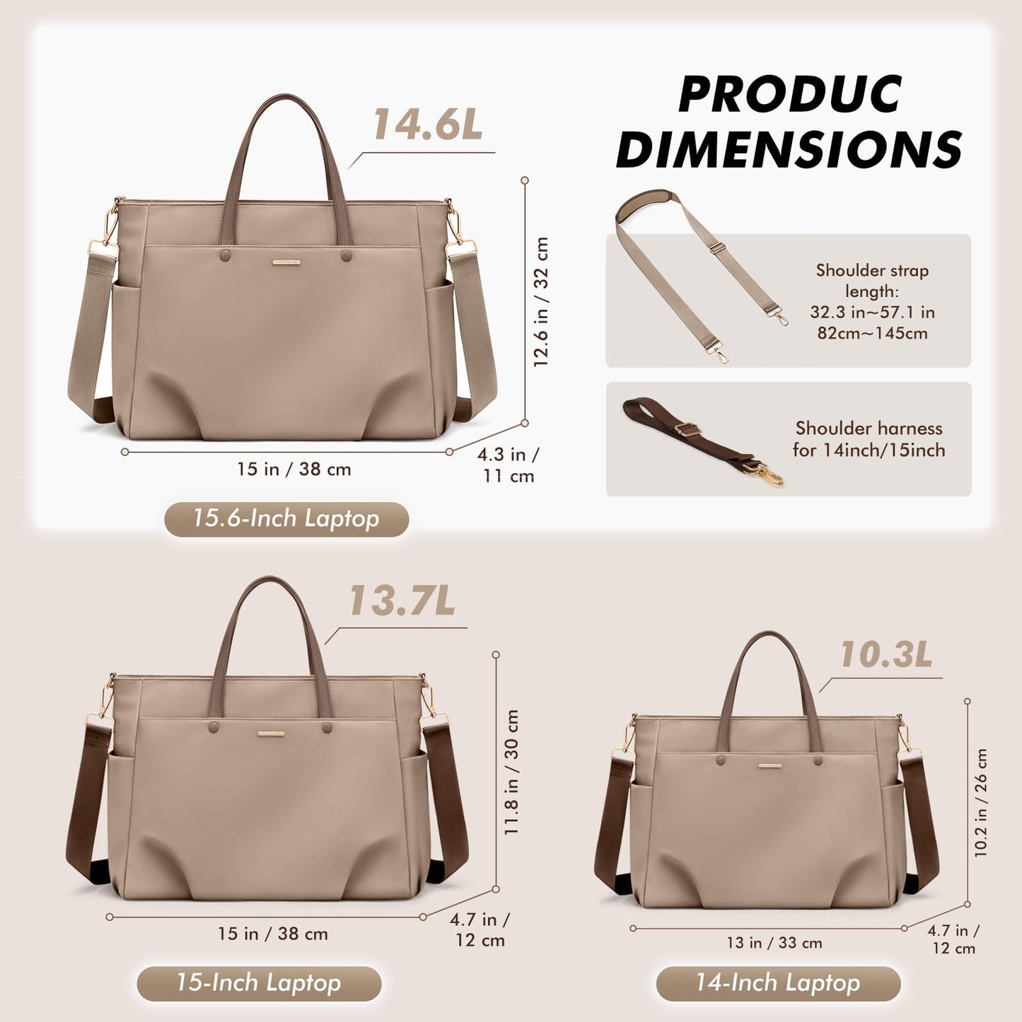 Laptop Tote Bag 15.6 Inch, Computer Shoulder Bag Large Work Tote Bag for Women, Laptop Carrying Case Stylish Handbag for Business Travel (Champagne)