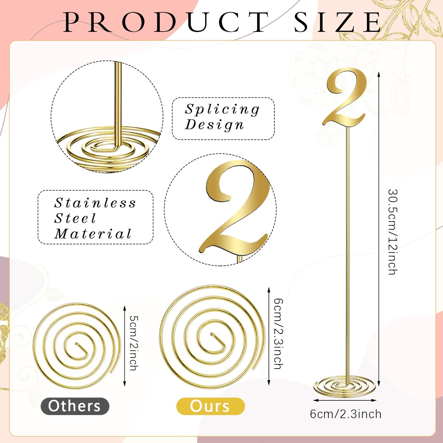 Therwen 20 Pcs Metal Table Numbers 1-20 Table Numbers for Wedding Reception 12 Inch Stainless Steel Party Desk Figure with Sturdy Holder Base for Banquet Wedding Party Event Catering(Gold)