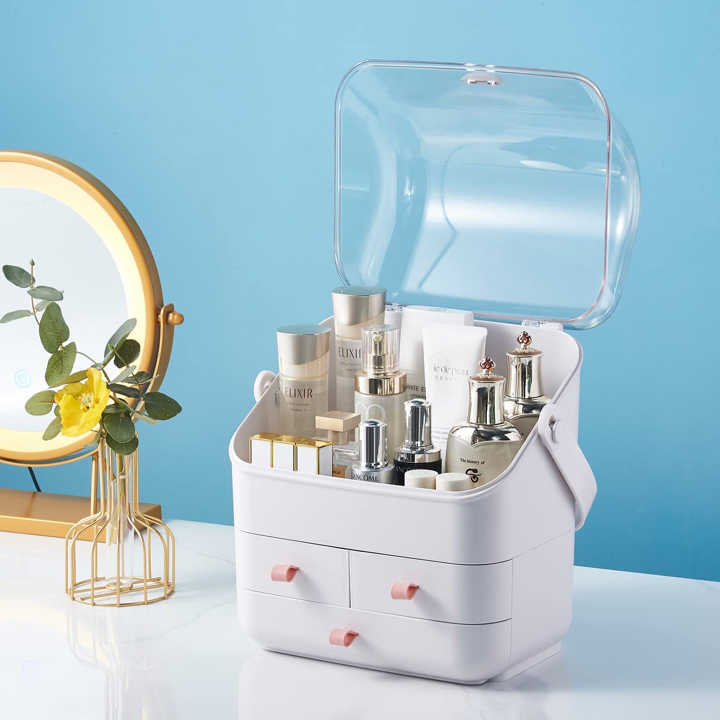 SUNFICON Makeup Organizer Cosmetic Storage Box Holder with Dust Free Cover Portable Handle,Fully Open Waterproof Lid, Dust Proof Drawers,Great for Bathroom Countertop Bedroom Dresser