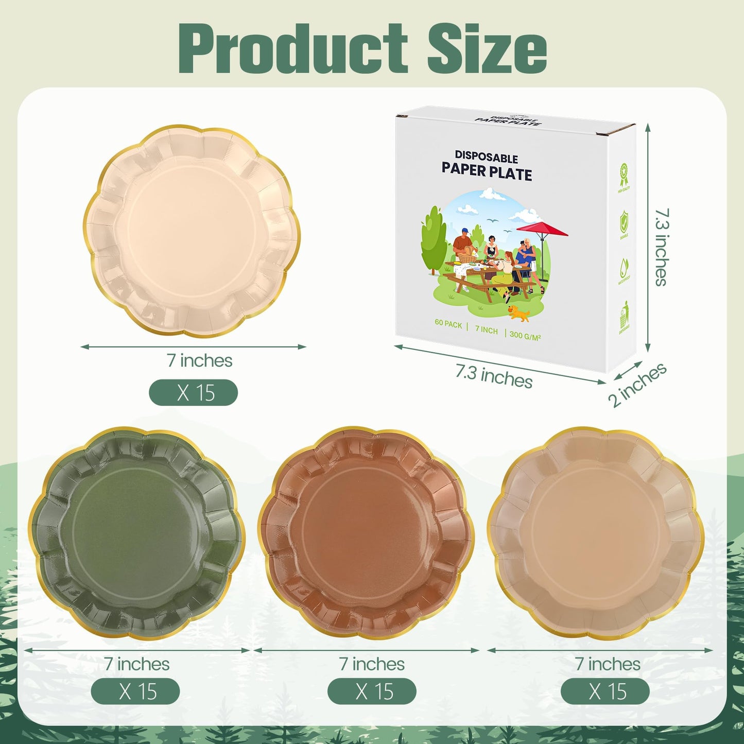Kochorie 60 PCS Woodland Scalloped Party Plates, 7 Inch Sage Green Brown Dessert Plate, Disposable Gold Foil Border Paper Plates for Birthday Bridal Baby Shower Wedding Forest Party Supplies
