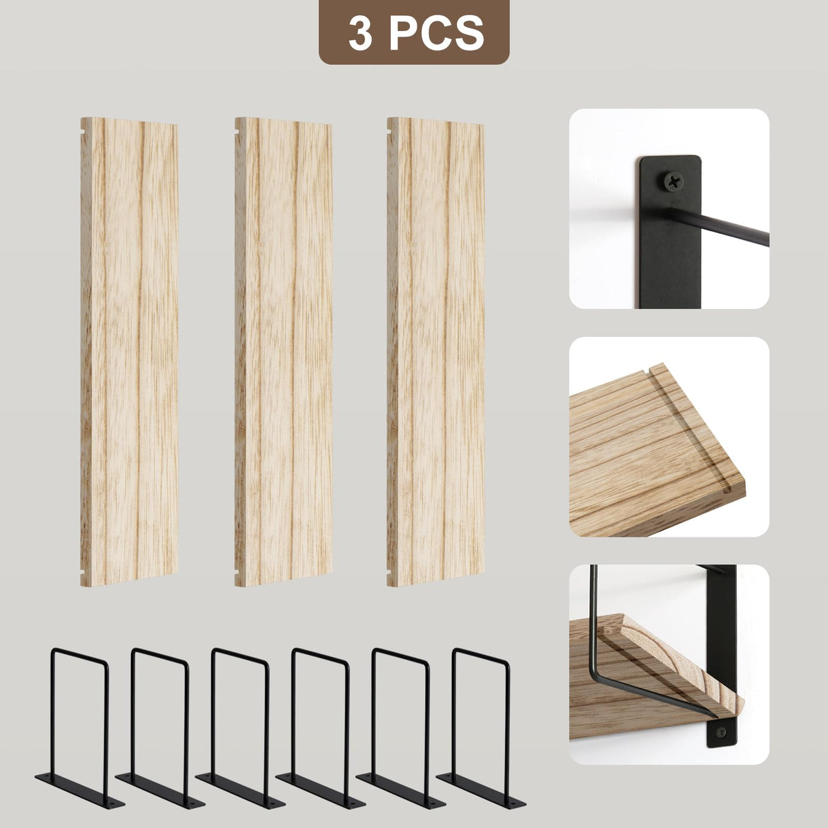 Floating Shelves Set of 3-24 Inch Rustic Wood Wall Shelves for Bedroom, Bathroom, Kitchen - Farmhouse Wall-Mounted Storage Shelves (Wood)