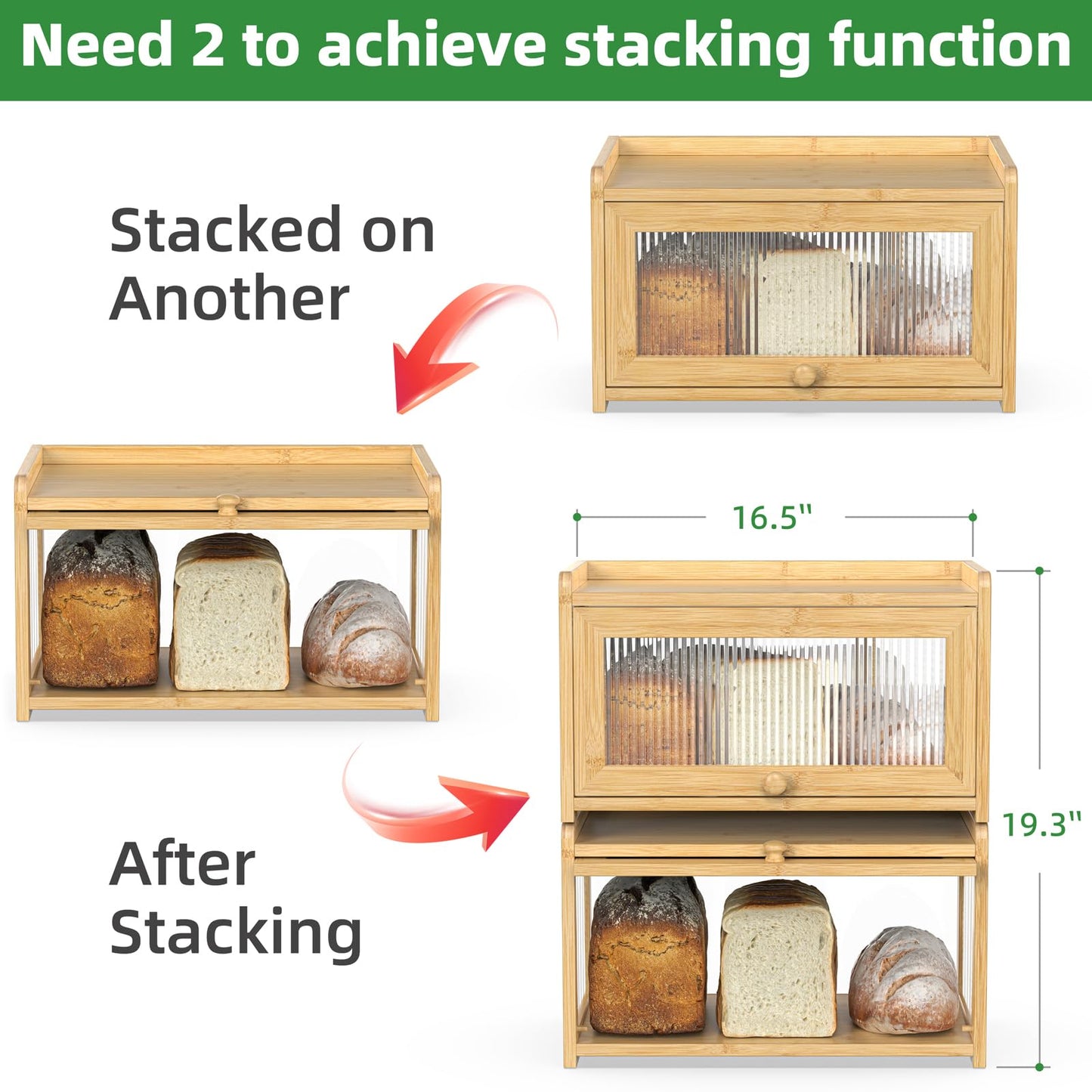 BAMBANG Extra Large Bamboo Bread Box for Kitchen Counter, Bread Storage Container Farmhouse Bread Box with 3 Sides Wavy & Back Clear Window, Breadbox Bread Bin Holder for Homemade Bread, Natural