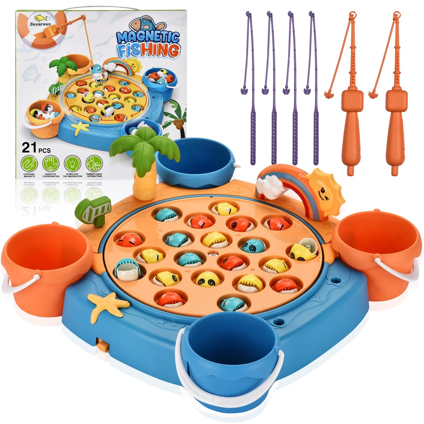 Jovarous Magnetic Fishing Game Set - Fish Toys with 21 Fish and 6 Poles, Rotating Board and On-Off Music Switch - Fun Fishing Board Games for Kids and Toddlers Age 3 4 5 6 7 8 and Up (Blue)