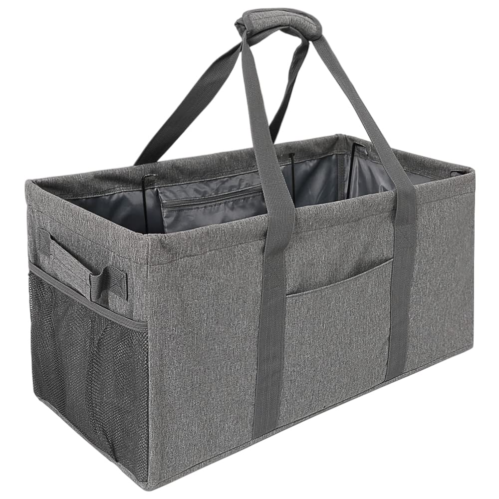 Vomgomfom 50L Extra Large Utility Tote Bag for Men Women, Resuable Grocery Bag with Collapsible Steel Wire Frame, Pool Beach Basket for Shopping, Beach, Picnic, Laundry (Gray)