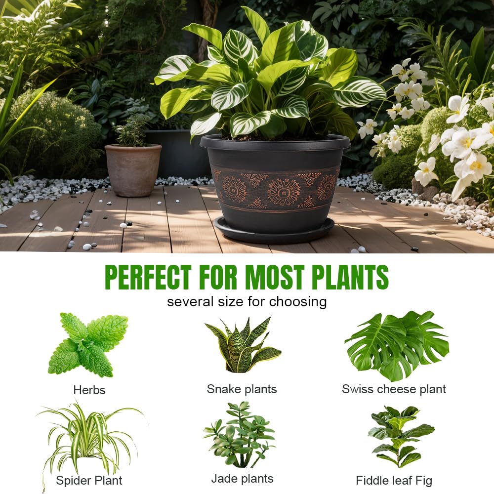 Usocik 4 Pack 16 inch Plant Pots, Retro Pattern Planters with Drainage Holes and Saucer, Sturdy Plastic Garden Flower Pots for Indoor & Outdoor Plants Copper