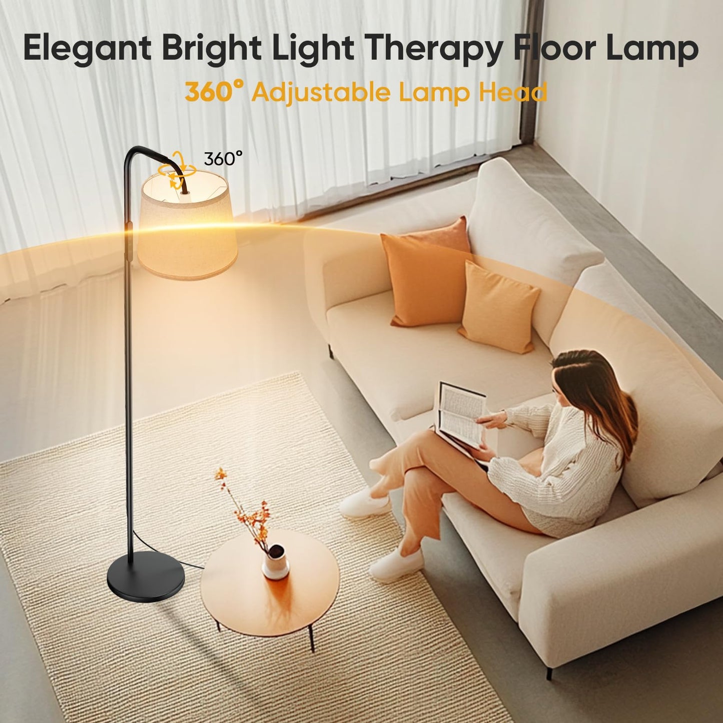Caromolly Light Therapy Lamp, 10000 Lux Light Therapy Lamp with Remote, Adjustable Color/Brightness/Timer, Modern Light Therapy Floor Lamp with Linen Shade for Office, Living Room, Bedroom, Grey