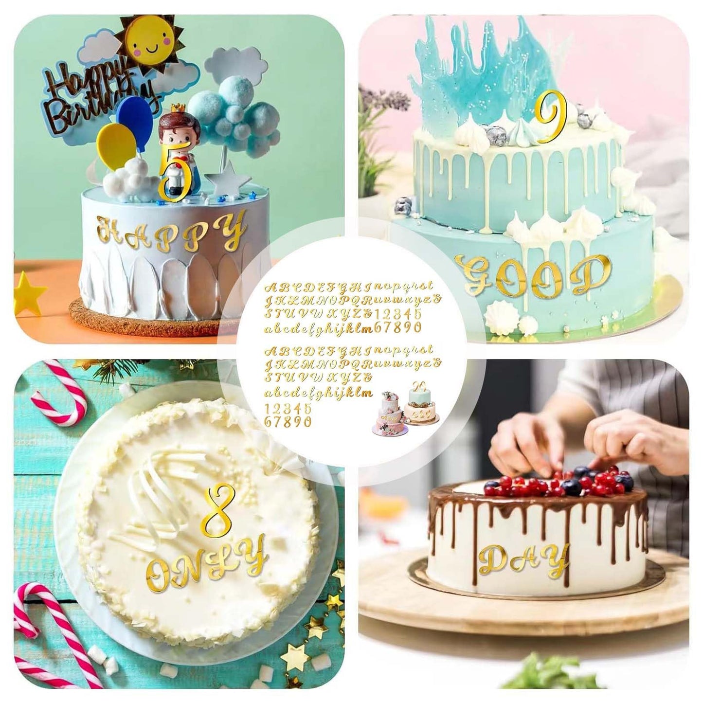 TAMUNI Acrylic Cake Topper - 128Pcs Elegant Gold Letters Cake Topper with 0-9 Numbers, a-z Letter and A-Z Letter, Cupcake Topper Decoration for Birthday (Gold)