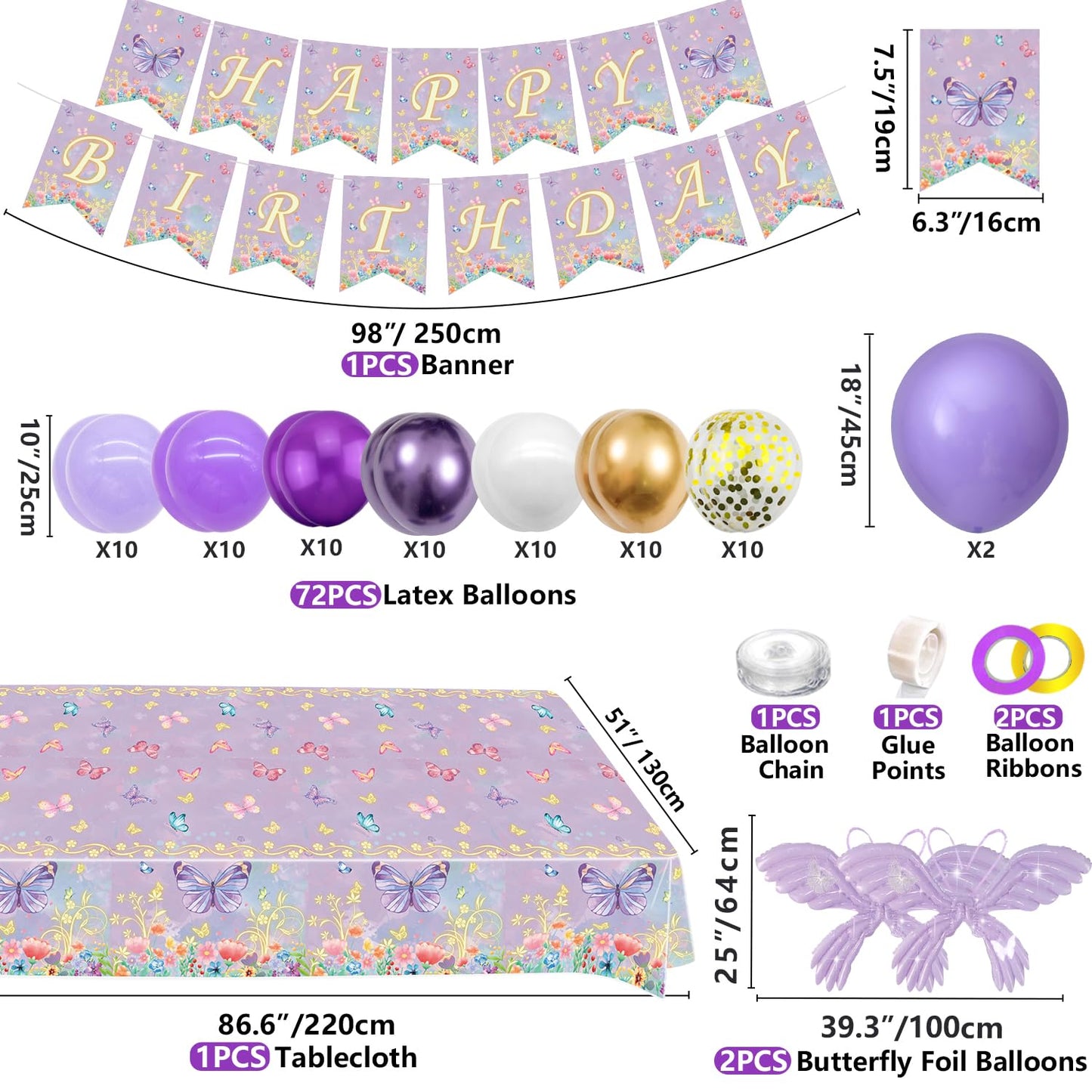213 Pcs Purple Butterfly Decorations - Include Plates, Cups, Tablecloth, Balloon, Birthday Banner, Butterfly Stickers, Fairy Wing Set for Princess Fairy Birthday Decorations Supplies