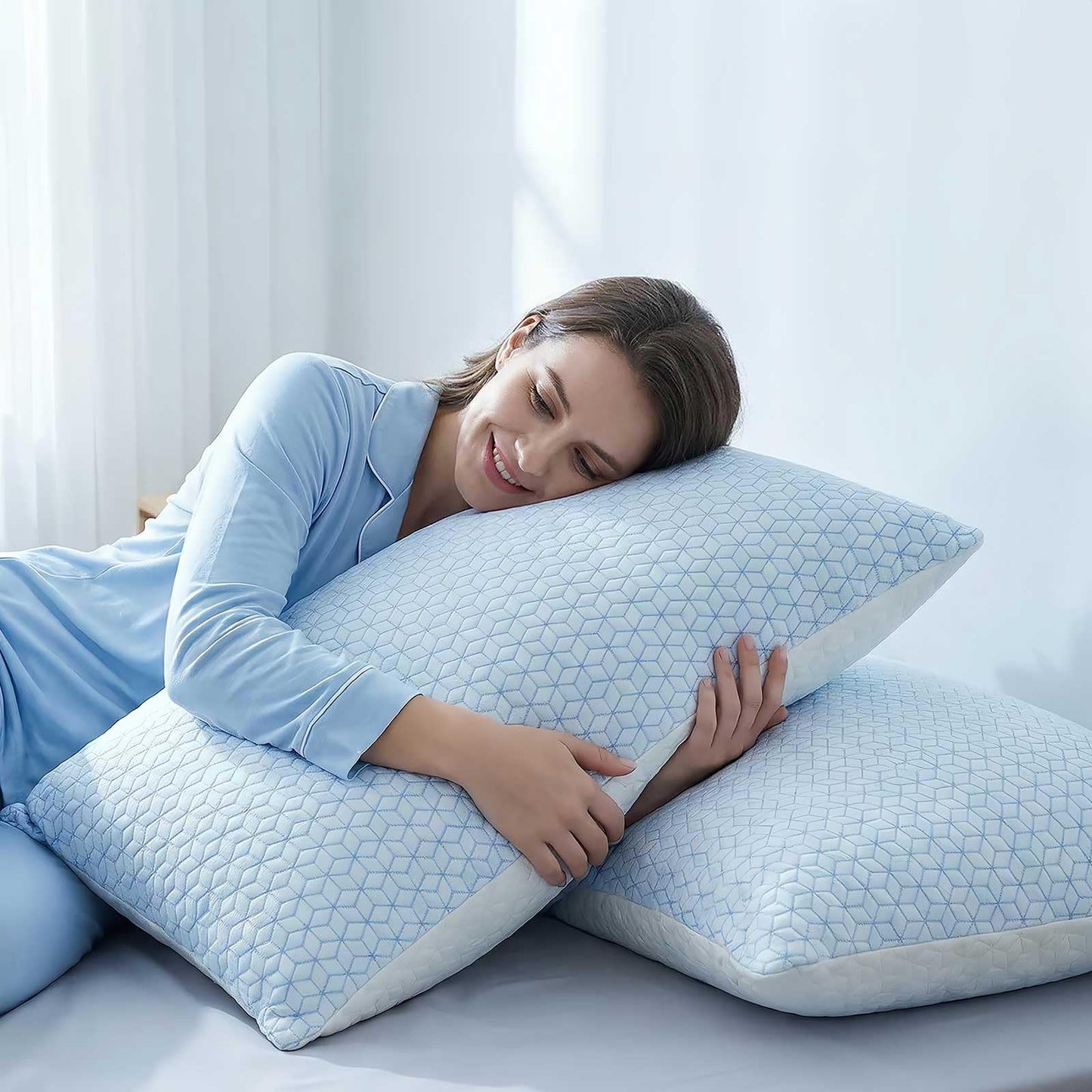 Faux-Goose Down Pillows Standard/Queen Size Set of 2, Cooling Soft Fluffy Pillows with Zippered Removable Cover(Rayon Drived from Bamboo Fabric) for Side Back Stomach Sleepers