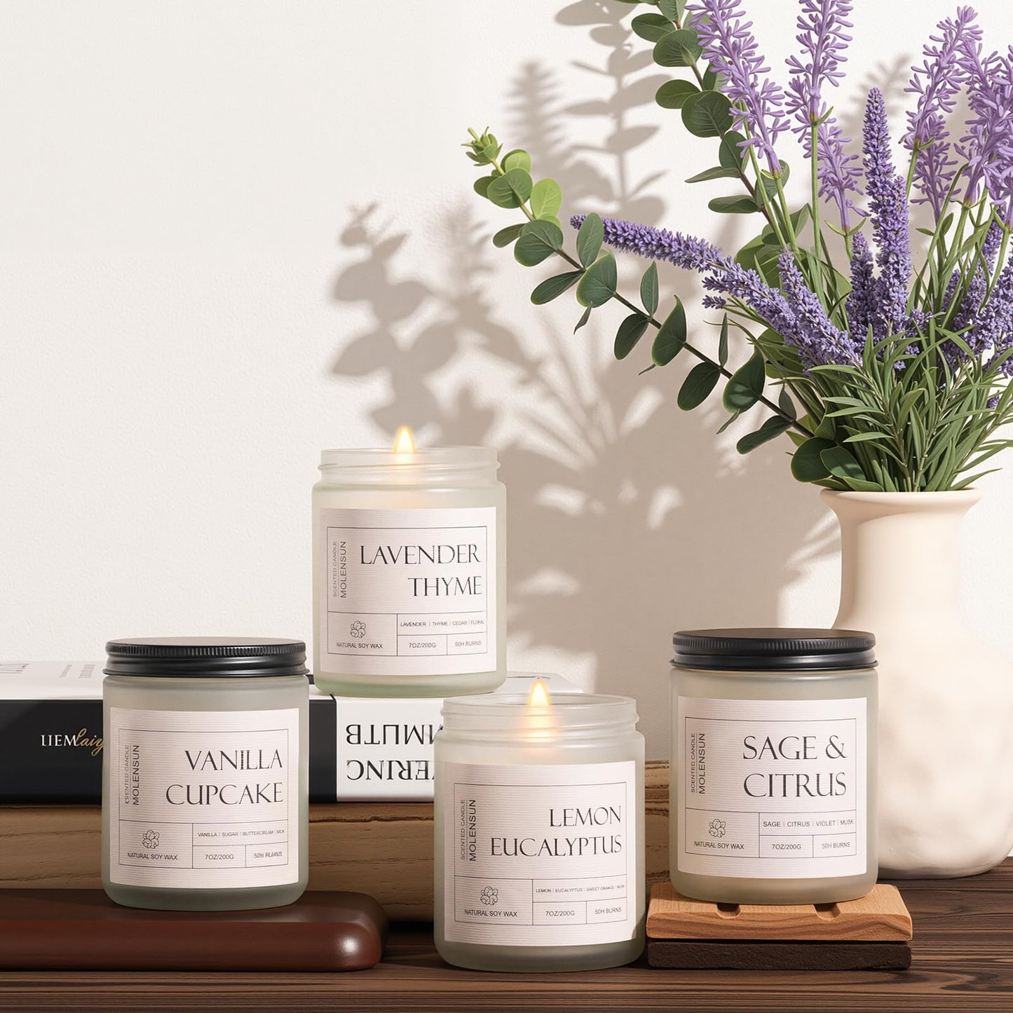4 Pack Candles for Home Scented, 28 oz 200 Hour Long Lasting Candles, Aromatherapy Jar Candle Set, Soy Candles Gift for Women, Scents of Lavender Thyme/Lemon Eucalyptus/Sage &Citrus/Vanilla Cupcake