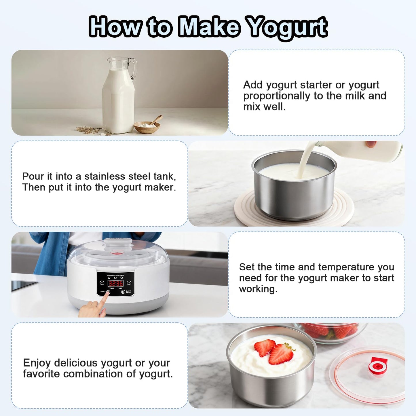 DiDimo Yogurt Maker with Adjustable Temp & Timer, 1.2L Stainless Steel Greek Yogurt Machine, Automatic Natto Maker Rice Wine Fermenter, Digital Display Compact 1.3QT Pot for Kitchen (BPA-Free)