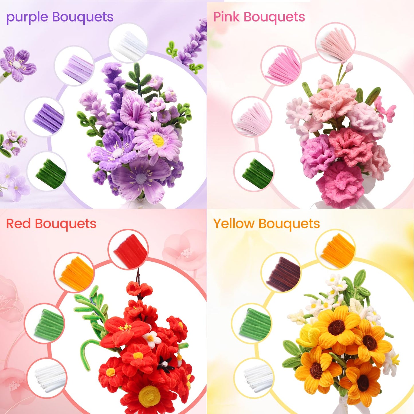 660 PCS Pipe Cleaner Flower Kit, 16 Colors Thick Chenille Stems Pipe Cleaner Bulk, Pipe Cleaners Craft Supplies with Viedo Instruction, Floral Wires, Tape, Stamen, Ribbon for DIY Art & Flower Making