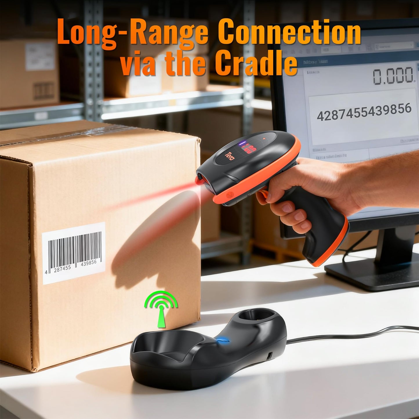 Tera Pro Wireless 1D 2D QR Barcode Scanner with Counting Screen and Charging Cradle Extra Fast Scanning Speed Ultra High Resolution Handheld Imaging Bar Code Reader for Warehouse Inventory HW0008