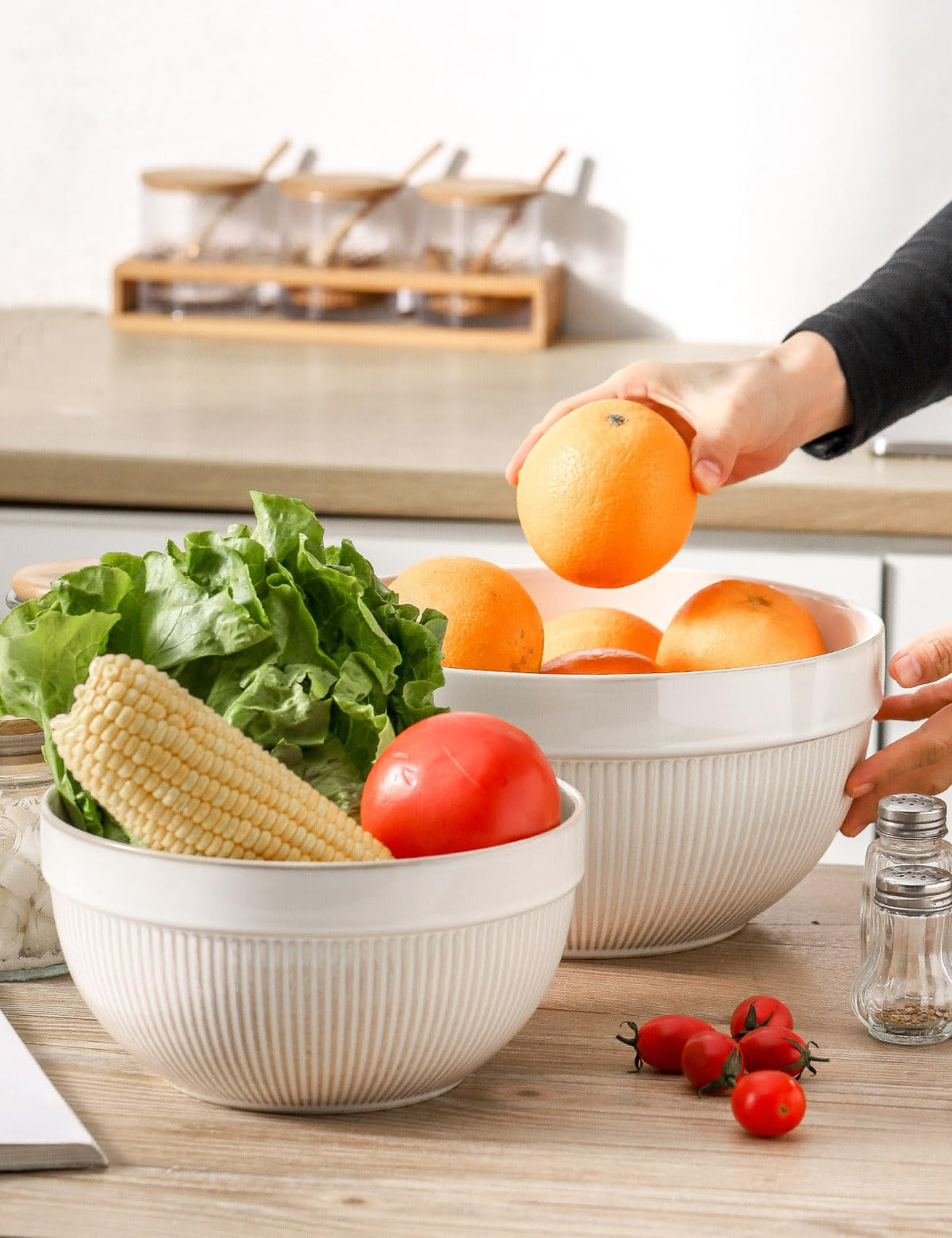 TEAKISS Ceramic Large Glazed White Stripe Mixing Bowls for Kitchen, Set of 2 Big Serving Bowls for Cooking, Popcorn, Salad, Soup, Baking, Dough Bread Making Bowl, 10 inch + 8 inch