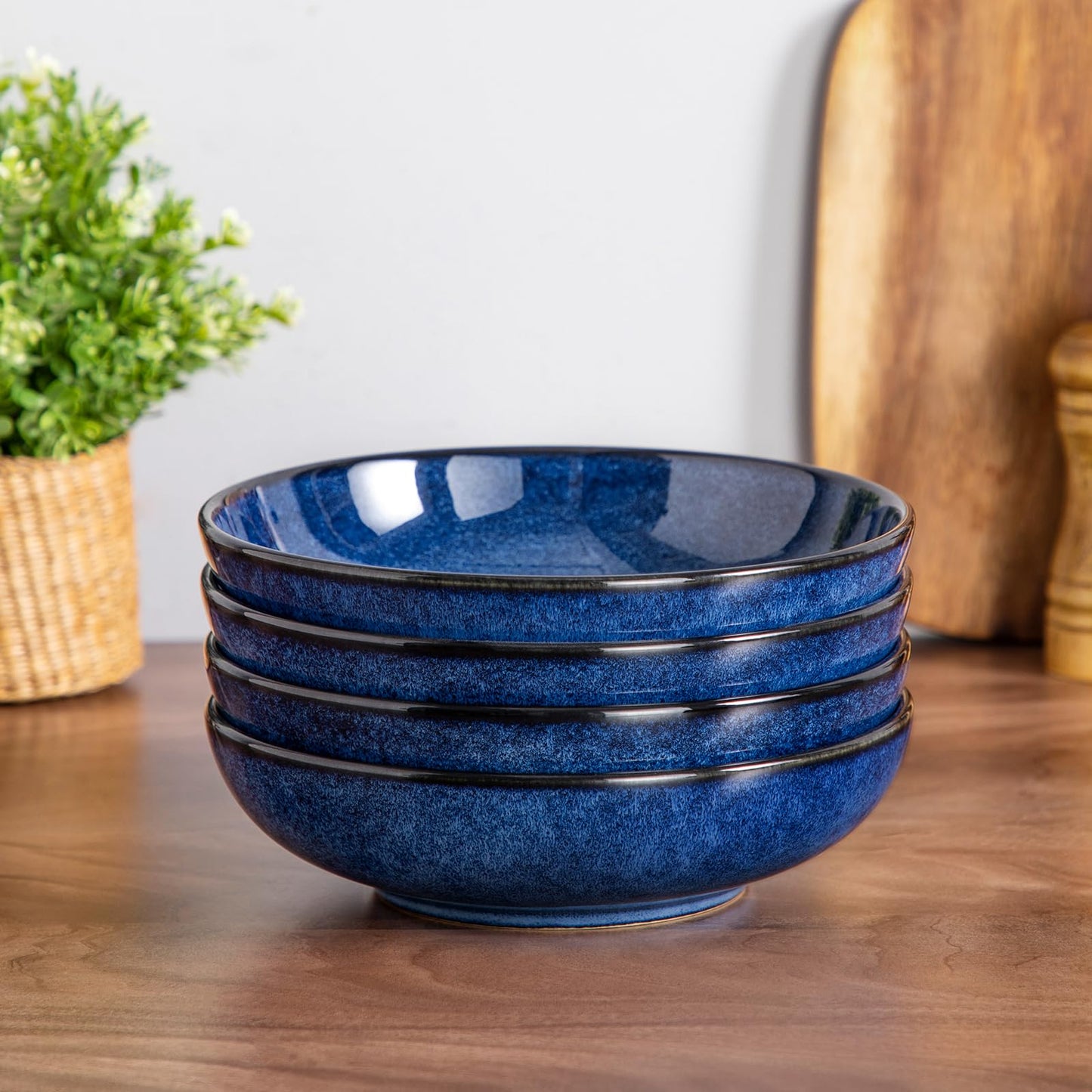vancasso Stern Large Pasta Bowls Set of 4, 38 Oz Ceramic Salad Plate Bowls for Serving, Kitchen Stoneware Wide Bowls for Soup, Pasta, Salad, Cereals, Microwave Oven Safe, Reactive Glaze-Blue