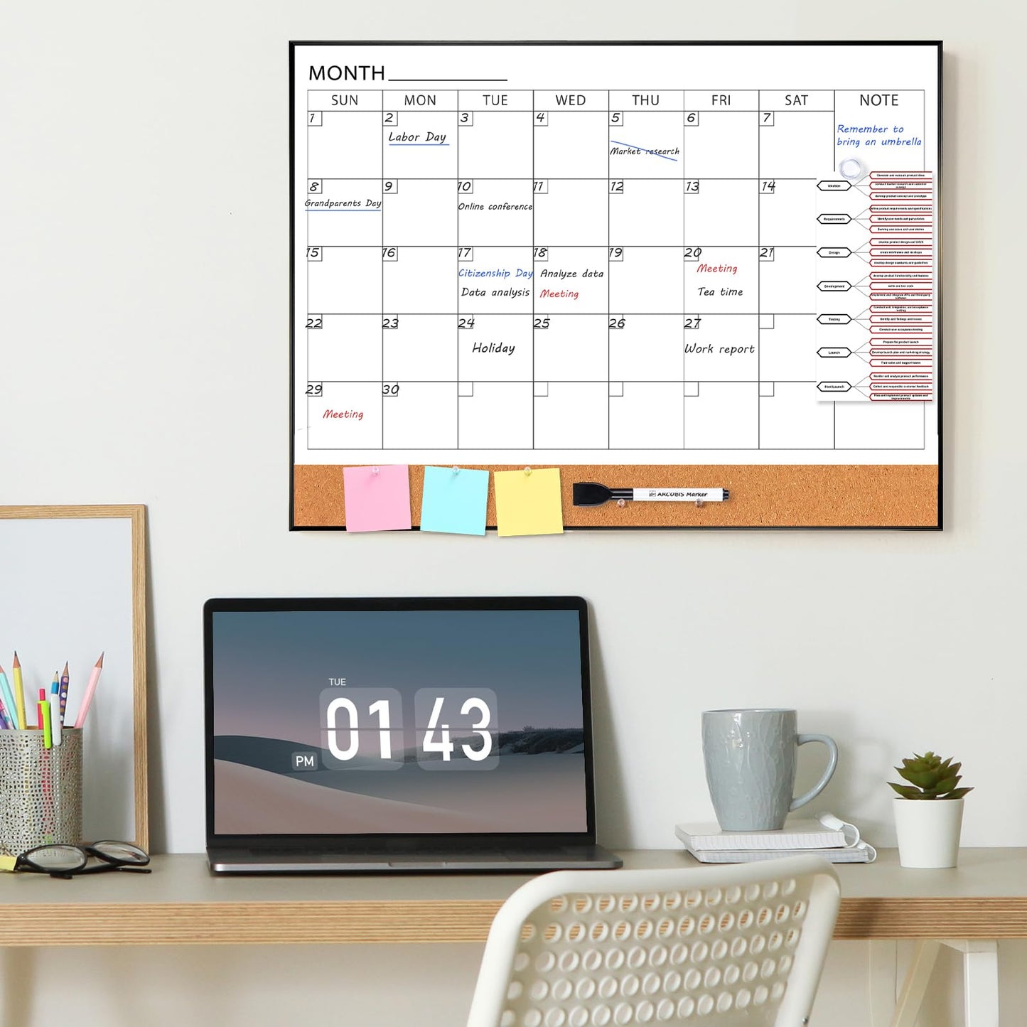 ARCOBIS Dry Erase Calendar with Cork Board for Wall, 24"x 18" Magnetic Calendar Whiteboard with Black Frame, Monthly Combination Board for School, Home, Office