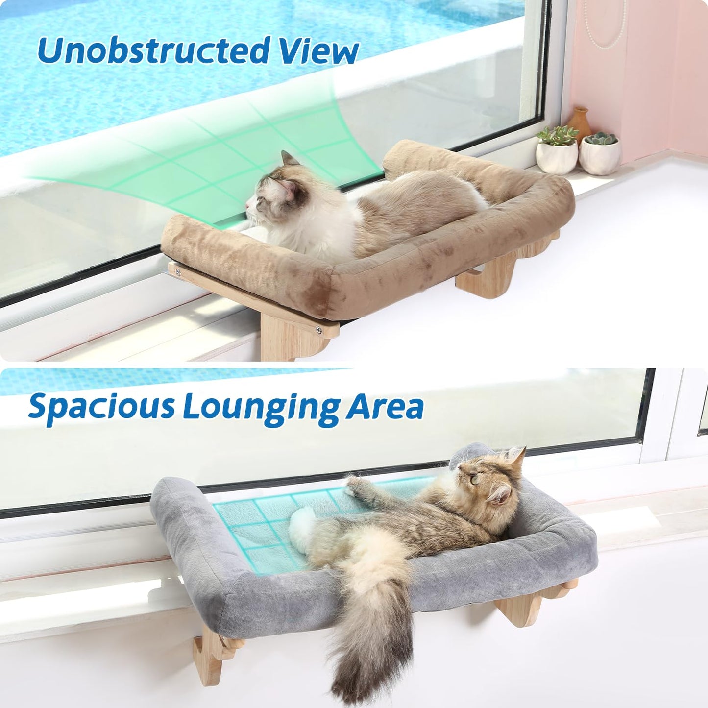 Zakkart Cat Perch for Window Sill with Bolster - Orthopedic Hammock Design with Premium Hardwood & Robust Metal Frame - Cat Window Seat for Large Cats and Kittens - Nartural Color Wood with Gray Bed