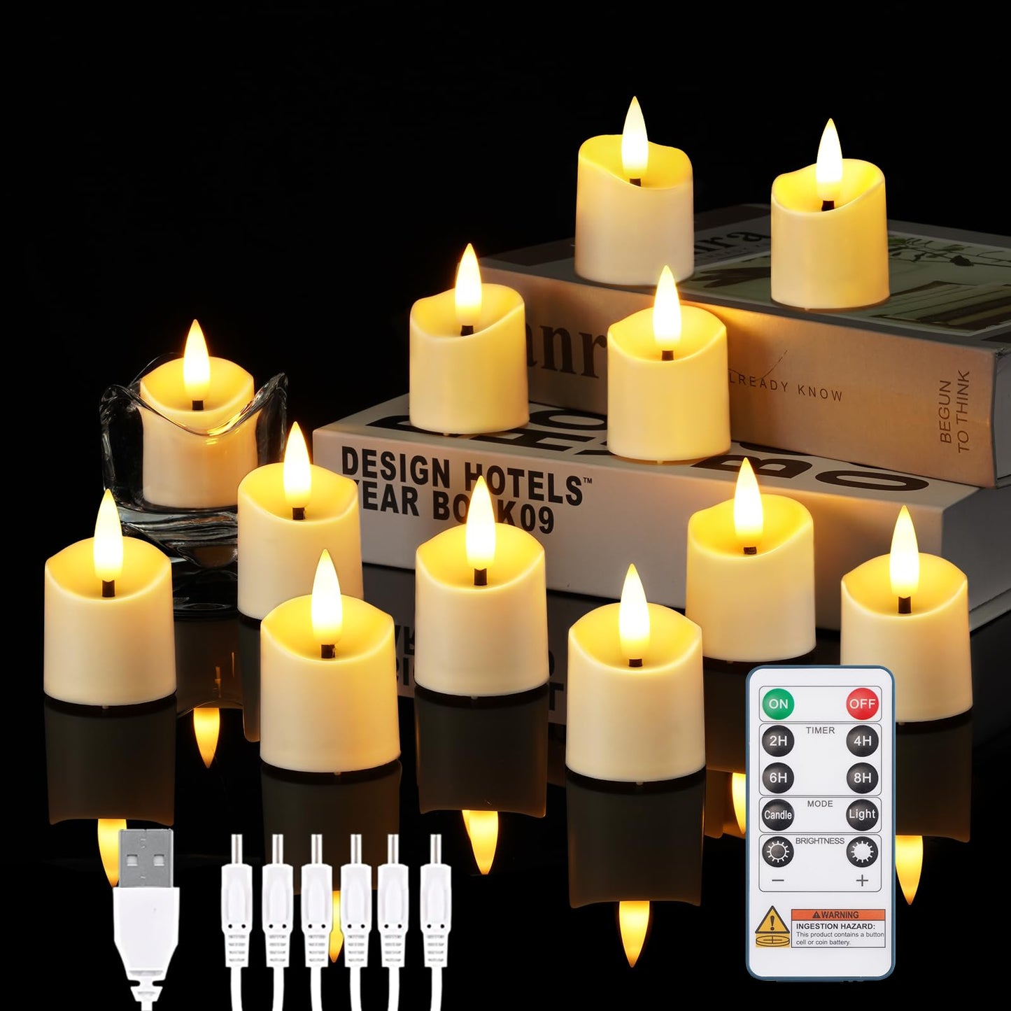 AMAGIC 12-Pack Battery Tea Lights with Remote 2/4/6/8H Timer, Rechargeable, 3D Flicker Wick Electric Candles, for Vovite, Christmas, Holiday Birthday Decoration