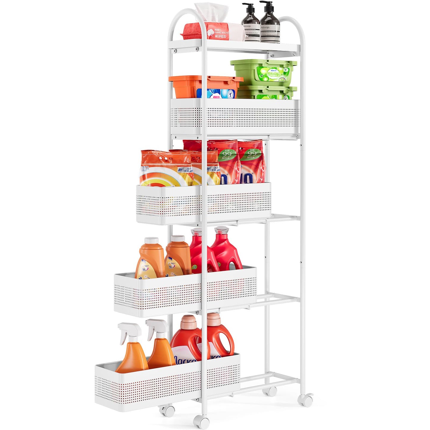 KINGRACK 5-Tier Slim Storage Cart with Pull Out Basket, Rolling Bathroom Organizer Utility, Metal Shelving Unit Slide Out, Lockable Wheels, Easy Assembly for Narrow Place, Kitchen, Laundry Room