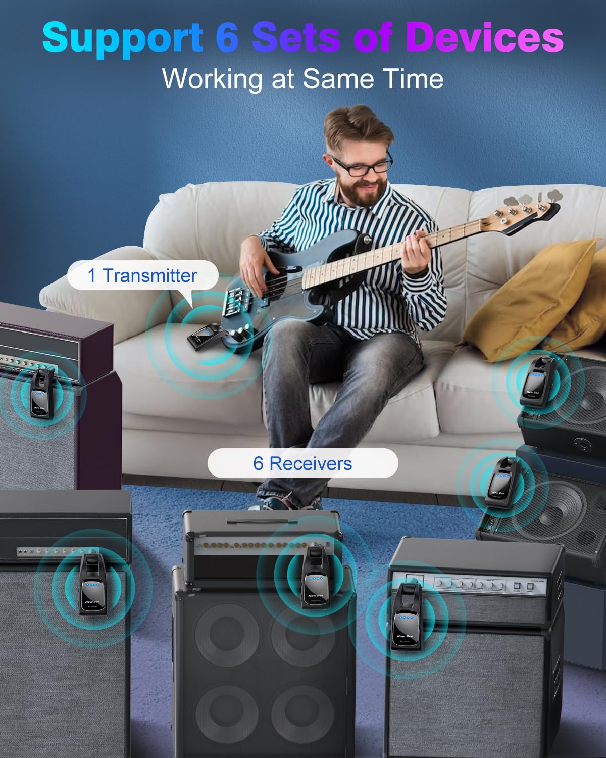 Wireless Guitar System 2.4GHz With 6 Channels Rechargeable Audio Transmitter Receiver for Bass Electric Instruments - Guitar Accessories