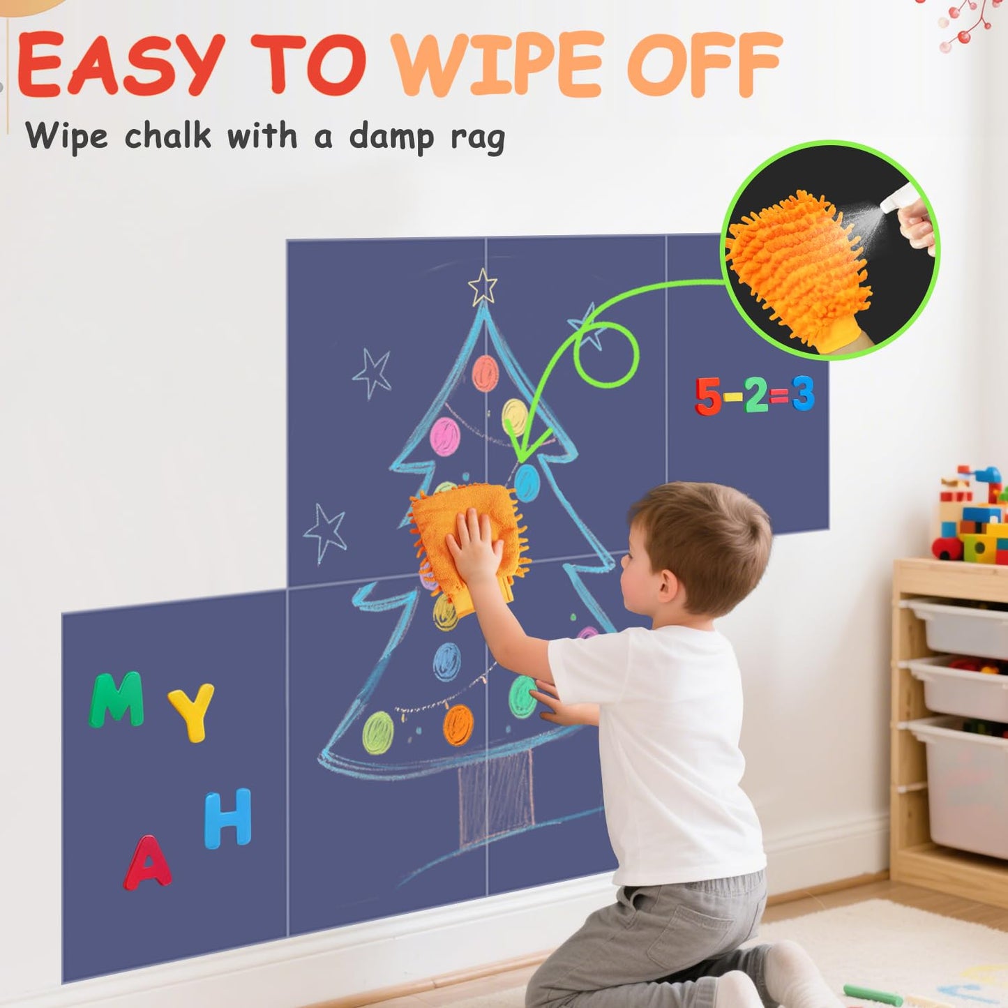 FANPROMS Magnetic Chalkboard Wall Decal Set of 6 Peel and Stick Magnet Sheets with Chalk Tangram Puzzle and Multiple Accessories Dusty Blue Magnetic Chalk Boardfor Home Playroom and Classroom