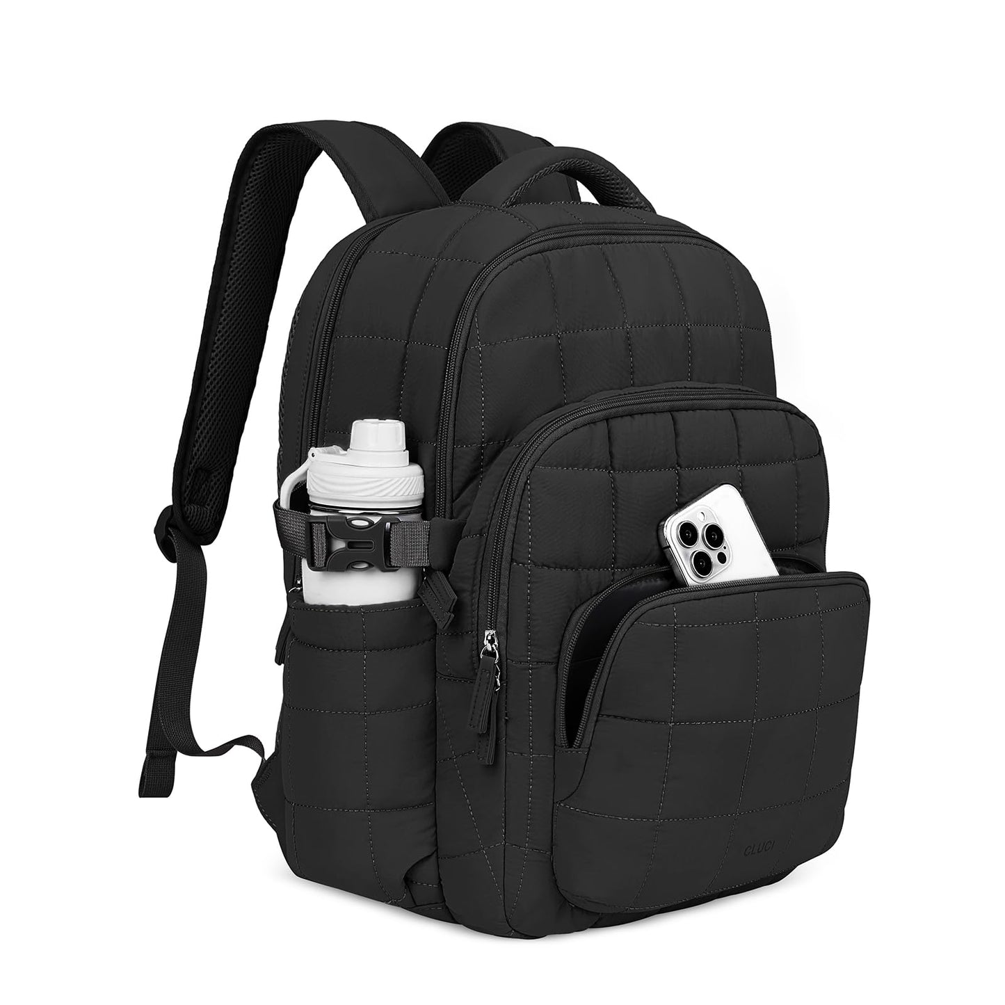 CLUCI 17.3 Inch Laptop Backpack for Women Anti Theft Travel Puffer Quilted Backpack Water Resistant College bag with RFID (Black)