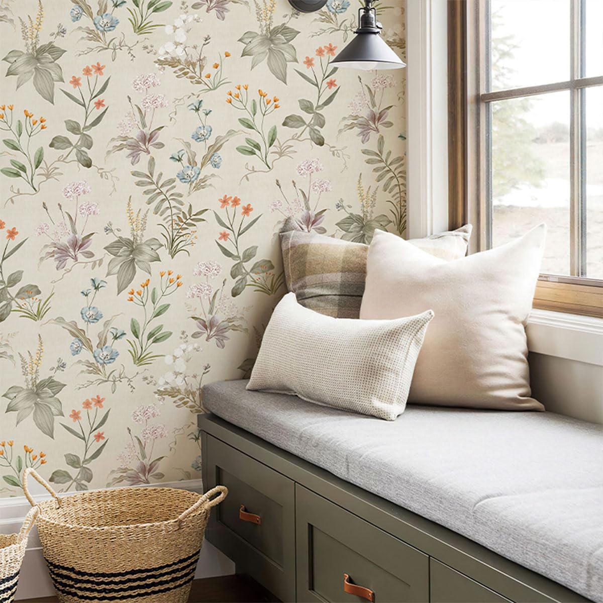GaliGali Floral Peel and Stick Wallpaper, Farm Floral Wallpaper, Wildwood Flower Self-Adhesive Wallpaper, Beige Floral Removable Contact Paper for Home Bedroom Kitchen Decor, 17.3"x393", CA.A00090C-10