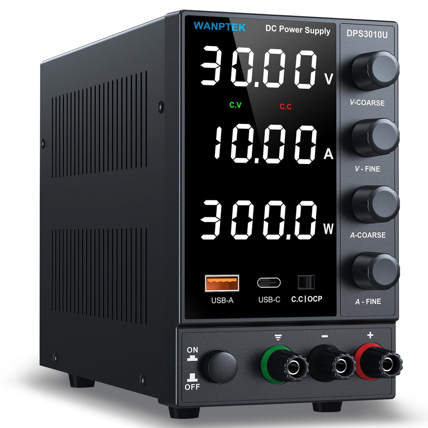 DC Power Supply Variable 0-30V 0-10A, Adjustable Switching Regulated Bench Power Supplies with Encoder Coarse & Fine Knob, 3.6A USB & Type-C Quick-Charge, OCP Overcurrent Protection