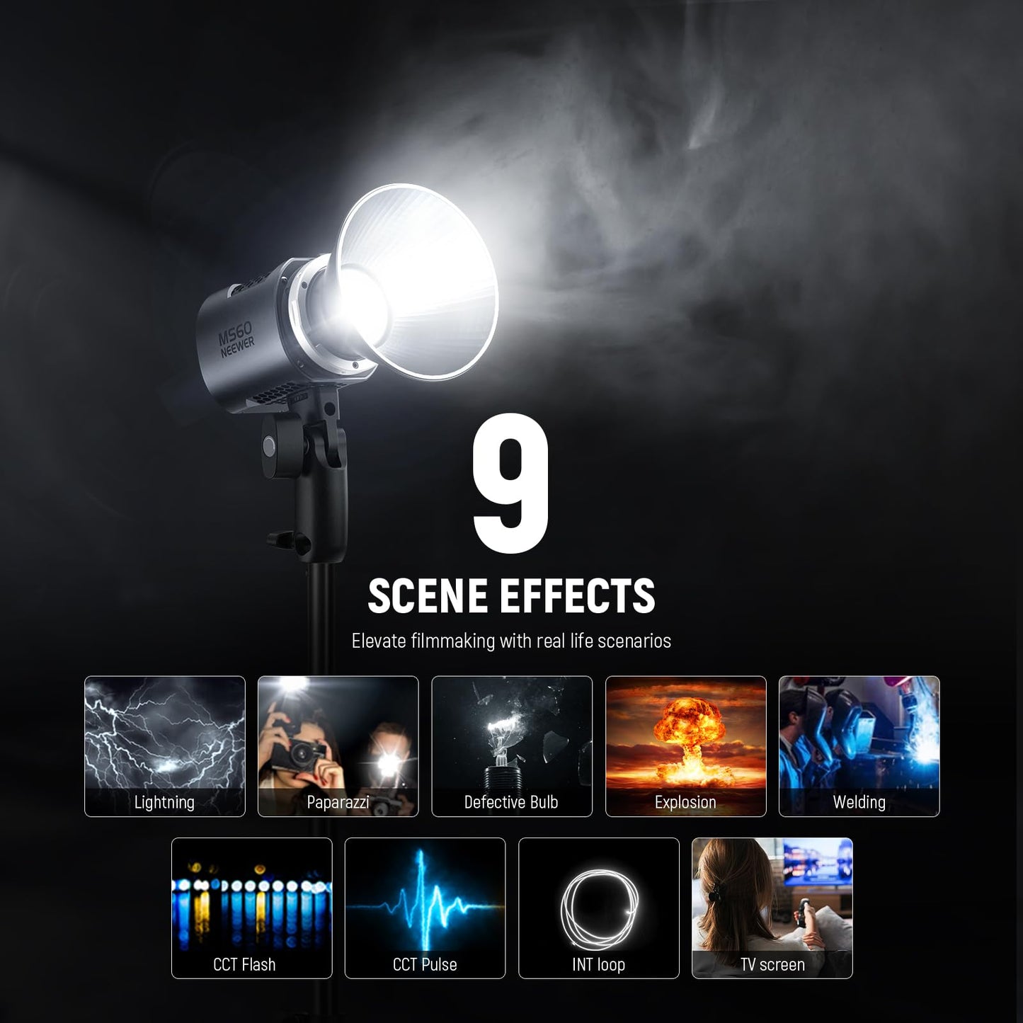 NEEWER MS60 LED Video Light with 2.4G/APP Control, 65W 5600K Daylight Mini COB Continuous Output Lighting, 40000lux/1m, CRI 97+/TLCI 98+, 9 Scenes, 0-100% PWM Dimming, Bowens Mount Adapter